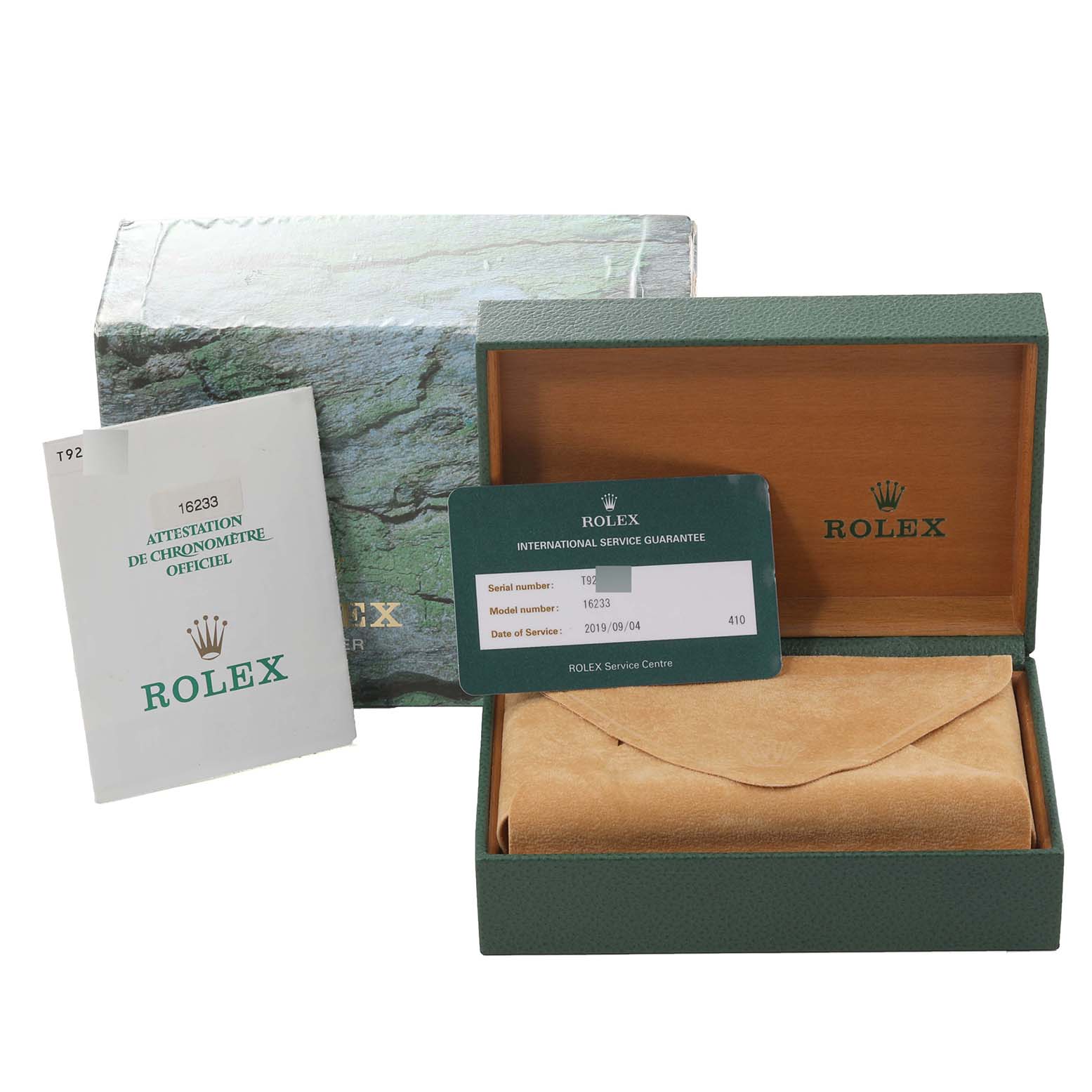 The image shows the official box, warranty card, and manual for a Rolex Datejust 16233 Men's Stainless Steel Champagne Dial 16233 Men's Stainless Steel Champagne Dial model.