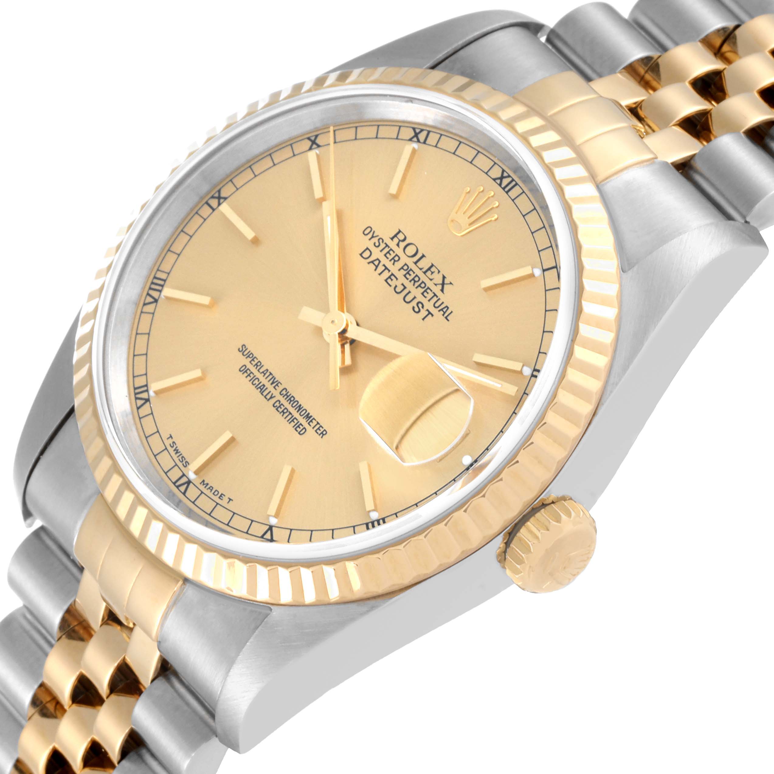 The Rolex Datejust 16233 Men's Stainless Steel Champagne Dial 16233 Men's Stainless Steel Champagne Dial watch is shown at a slight angle, highlighting its dial, bezel, crown, and part of the bracelet.