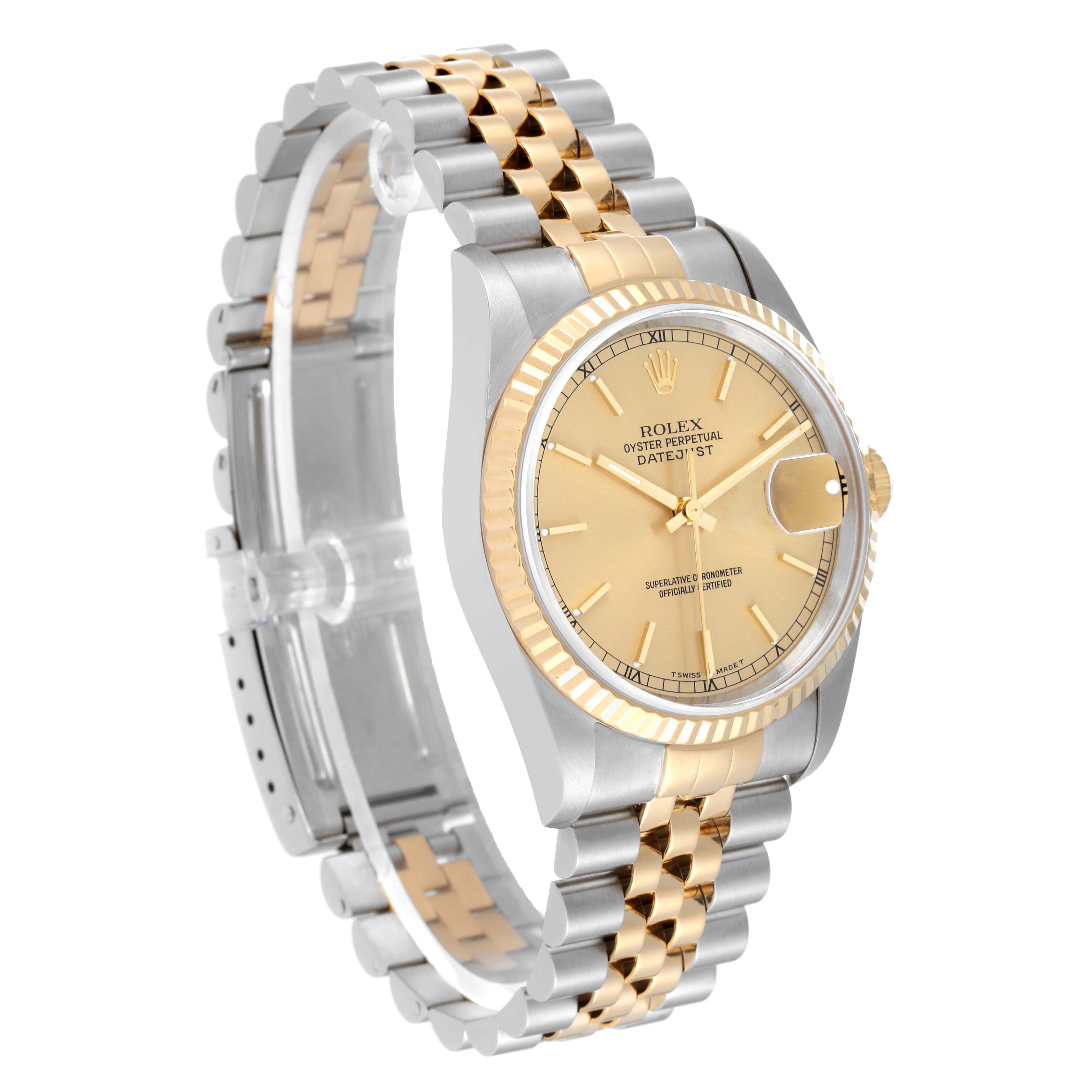 The image shows a Rolex Datejust 16233 Men's Stainless Steel Champagne Dial 16233 Men's Stainless Steel Champagne Dial watch at a front angle, highlighting its gold dial, two-tone bracelet, and fluted bezel.