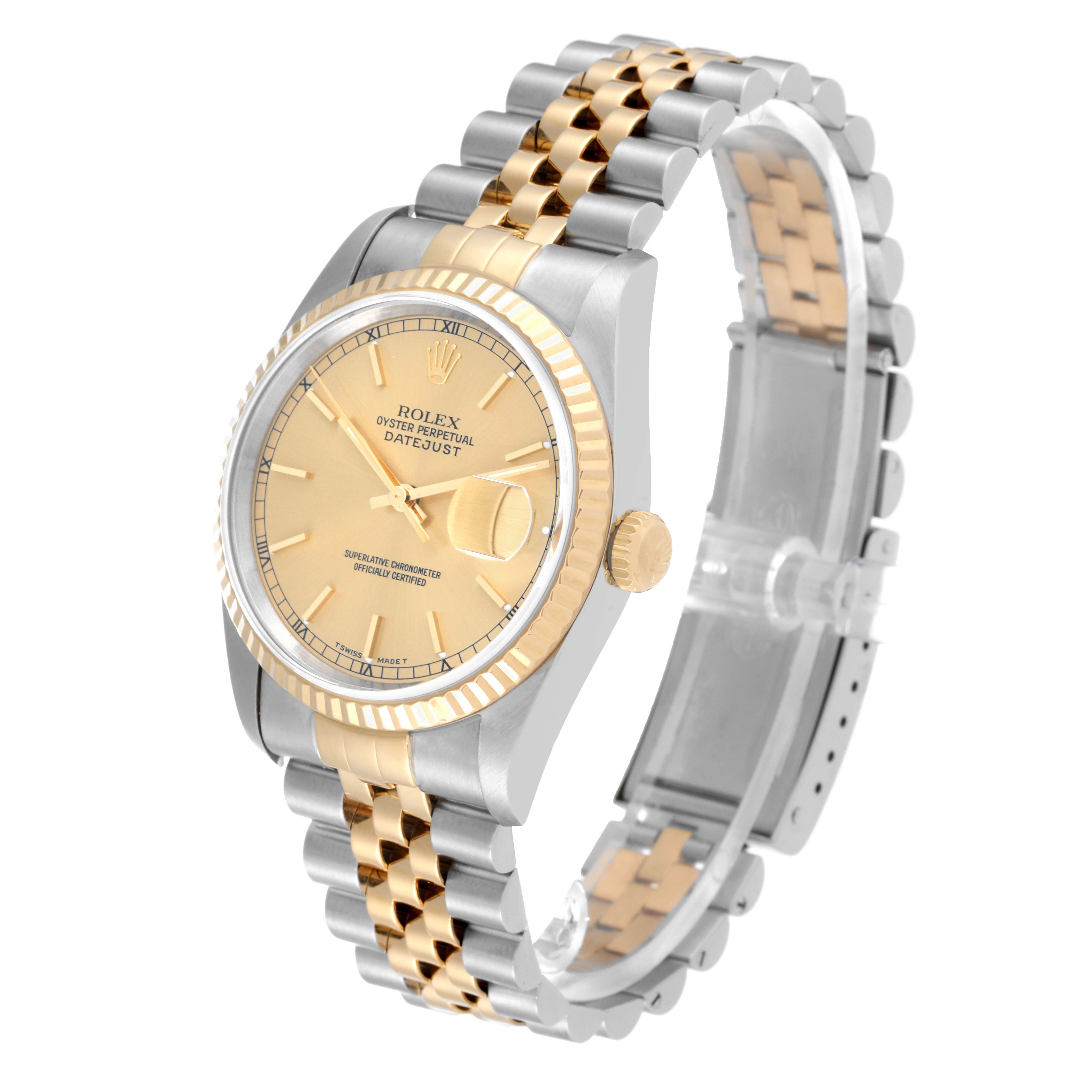 The image shows a side angle view of the Rolex Datejust 16233 Men's Stainless Steel Champagne Dial 16233 Men's Stainless Steel Champagne Dial watch, highlighting the gold bezel, champagne dial, and two-tone bracelet.