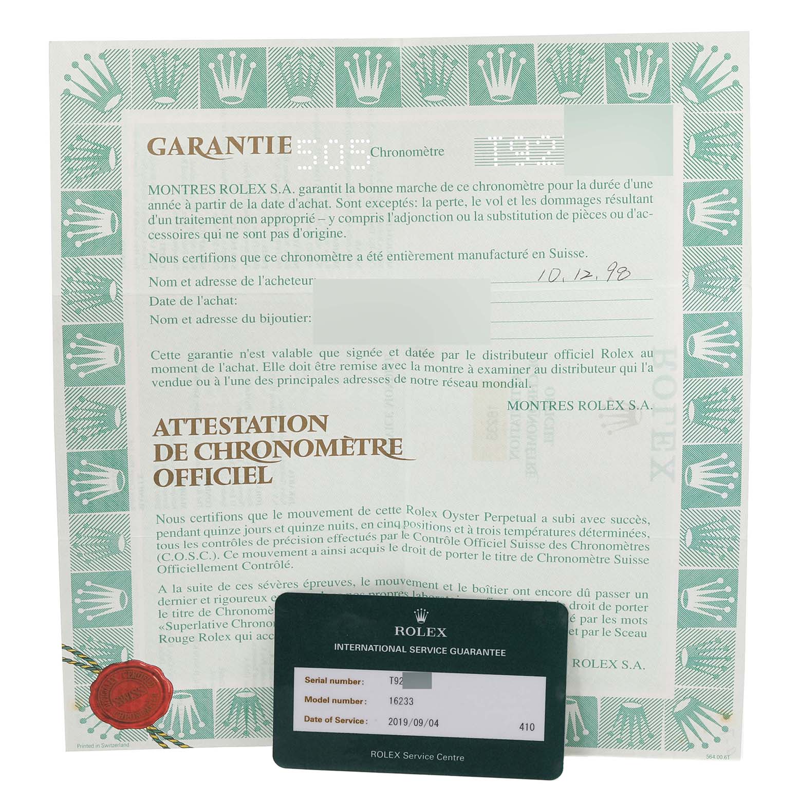 The image shows a Rolex Datejust 16233 Men's Stainless Steel Champagne Dial 16233 Men's Stainless Steel Champagne Dial watch warranty certificate and an International Service Guarantee card.