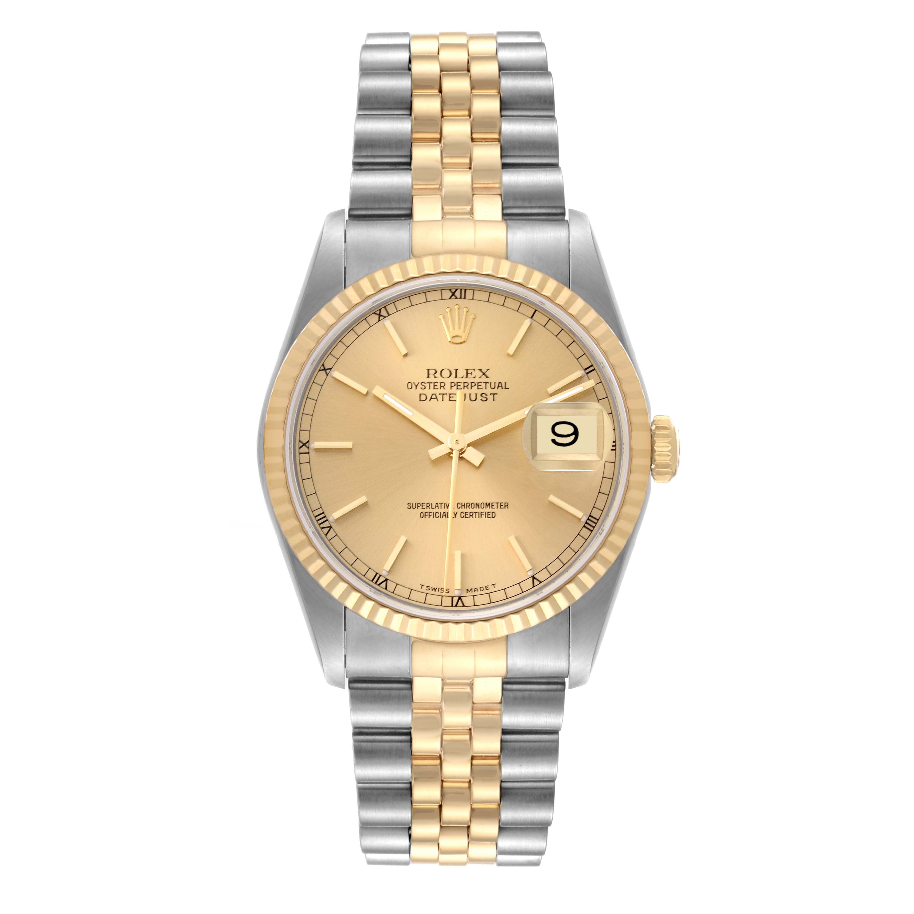 The Rolex Datejust 16233 Men's Stainless Steel Champagne Dial 16233 Men's Stainless Steel Champagne Dial watch is shown at a front angle, highlighting its two-tone bracelet, gold bezel, dial, and date window.