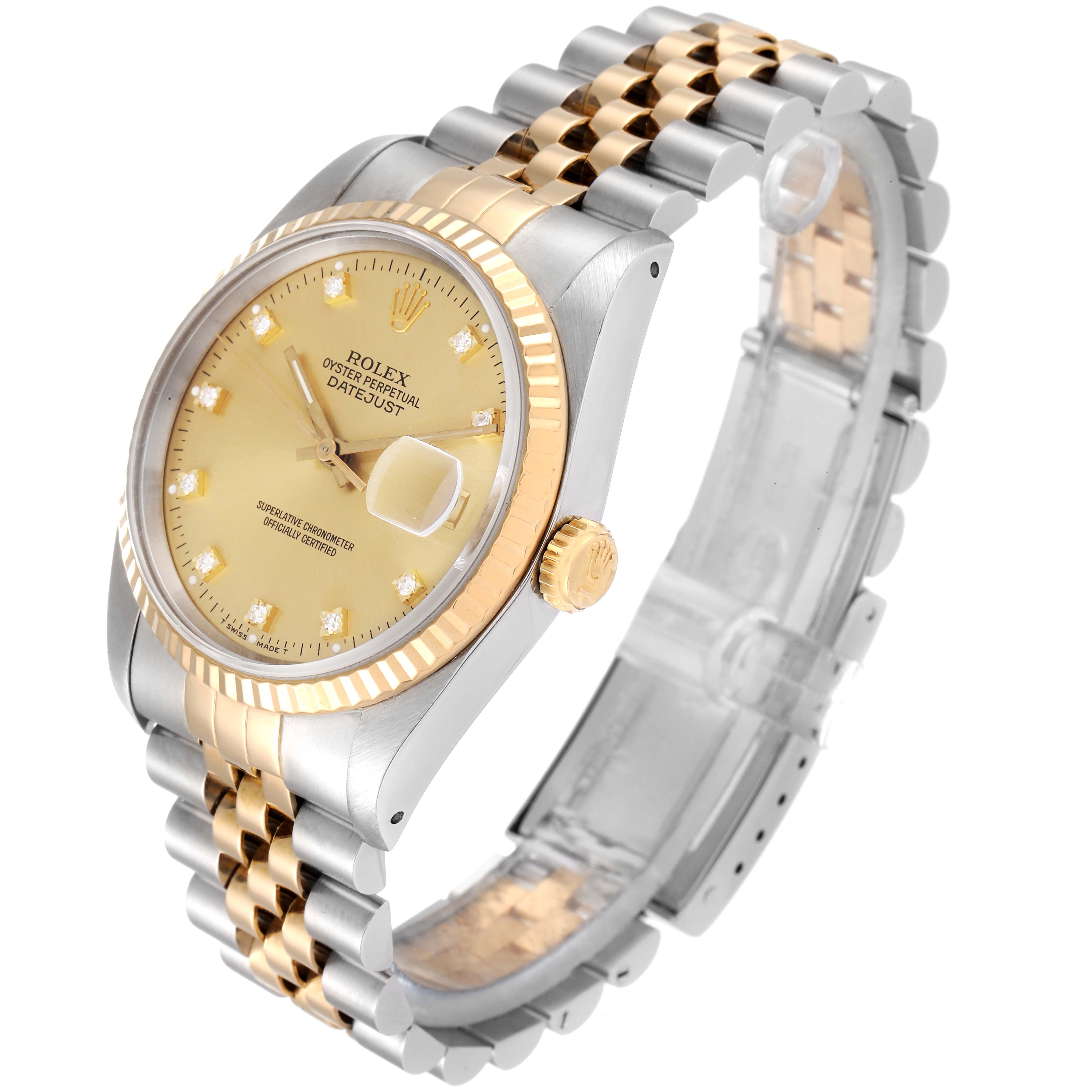 The image shows a Rolex Datejust 16233 Men's Steel and Gold (two tone) Champagne Dial 16233 Men's Steel and Gold (two tone) Champagne Dial watch from an angled top-side view, highlighting the face, bezel, crown, and bracelet.