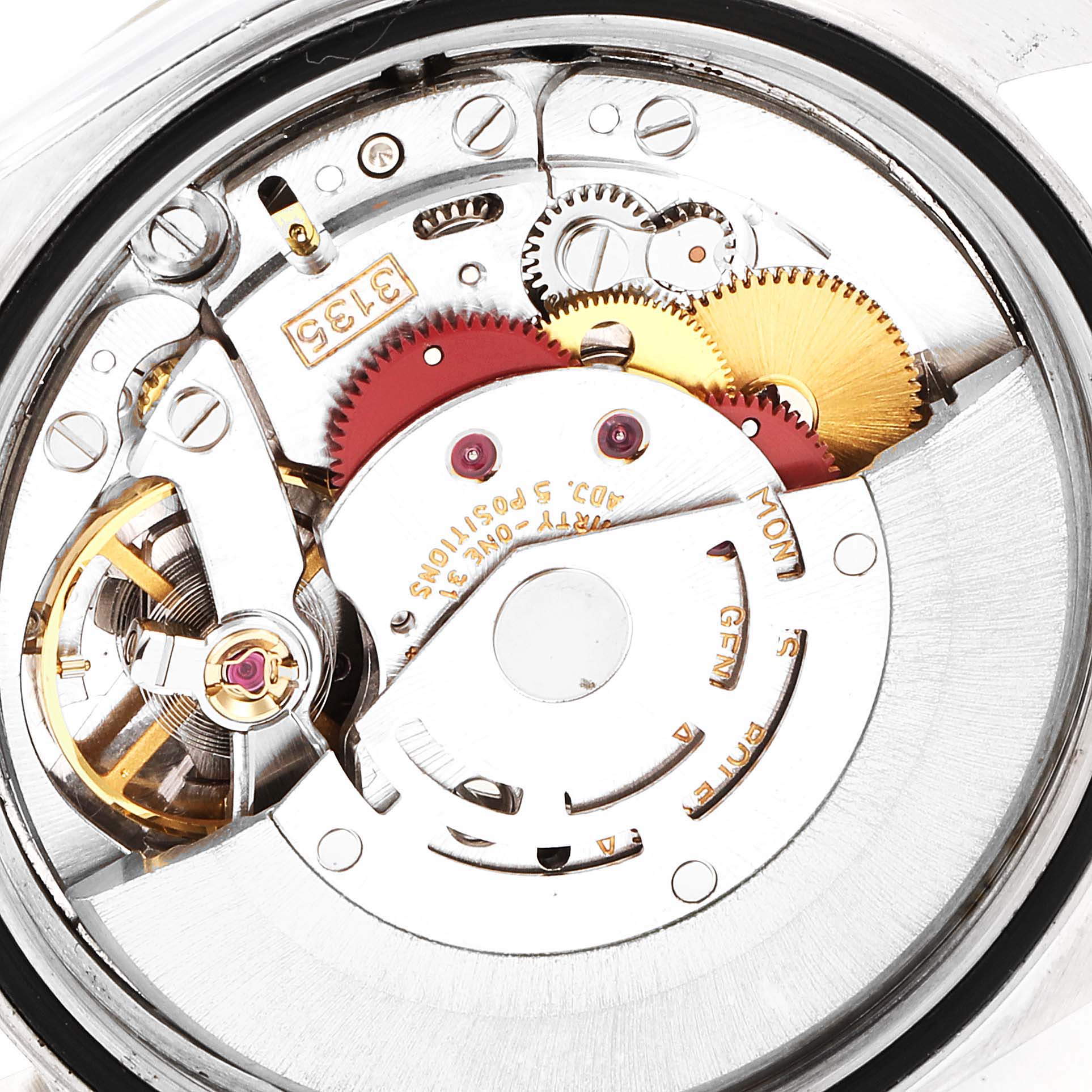 The image shows an internal view of the movement mechanism of a Rolex Datejust 16233 Men's Steel and Gold (two tone) Champagne Dial 16233 Men's Steel and Gold (two tone) Champagne Dial watch.