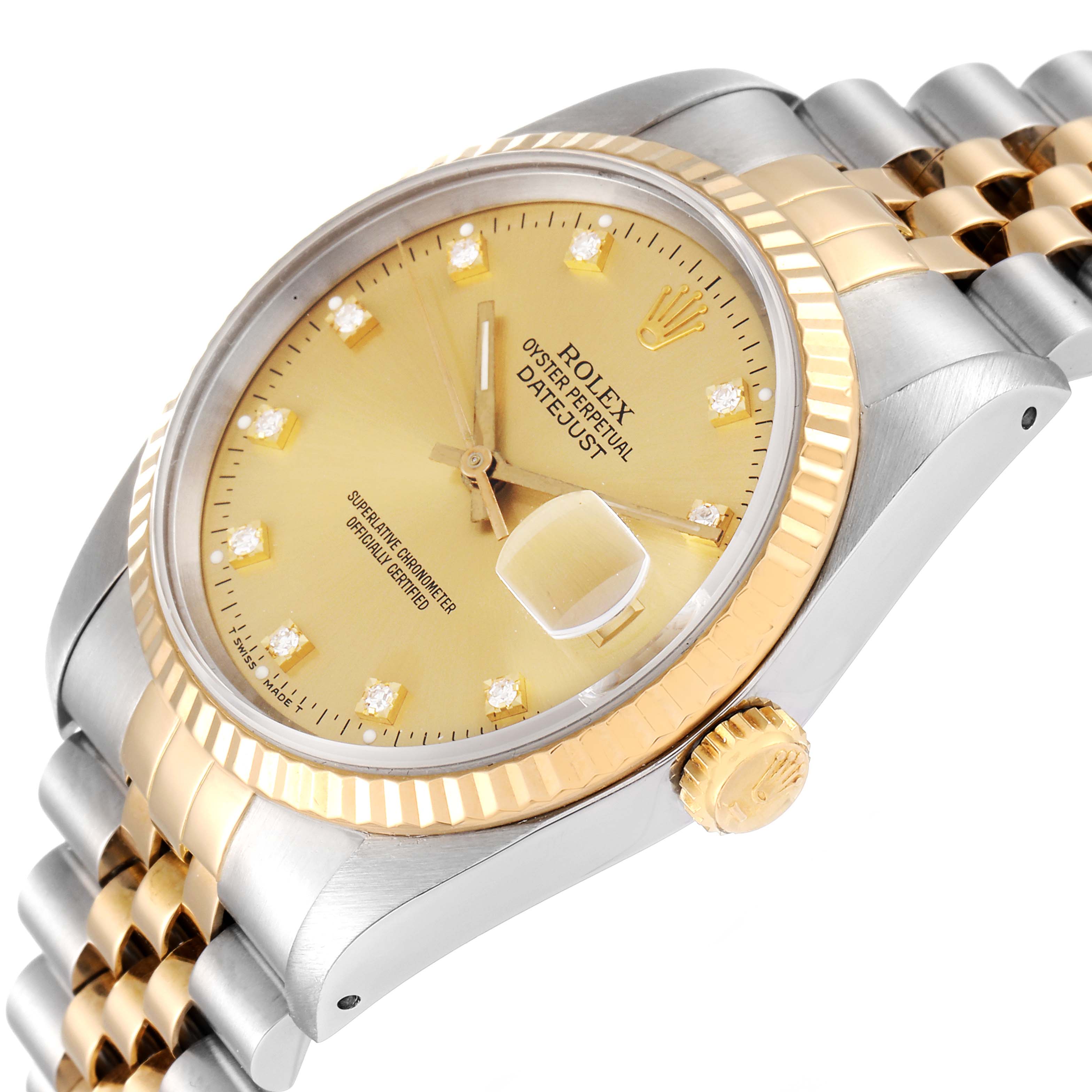 The image shows a close-up angled view of a Rolex Datejust 16233 Men's Steel and Gold (two tone) Champagne Dial 16233 Men's Steel and Gold (two tone) Champagne Dial watch, highlighting its gold and silver casing, dial, and part of the bracelet.