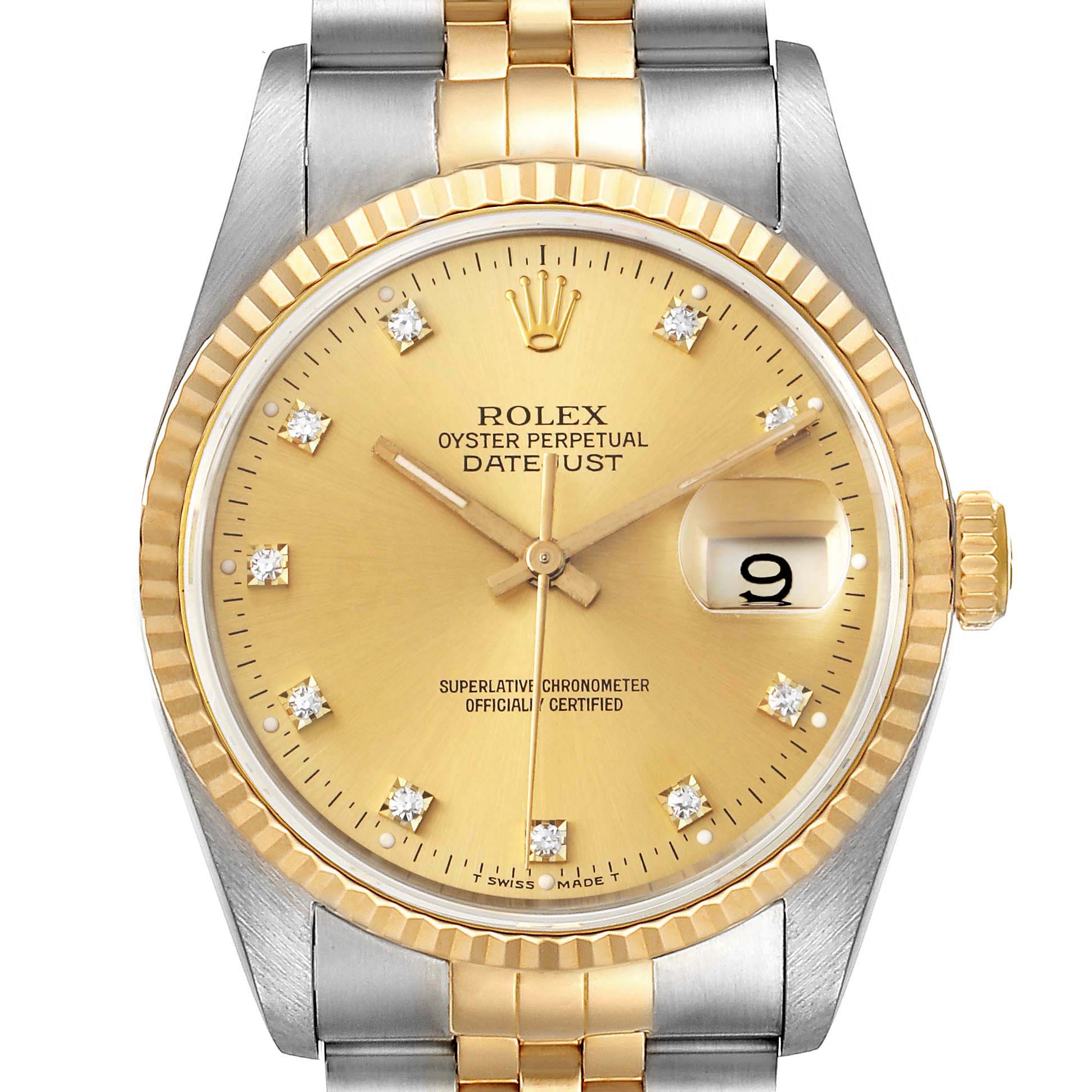This image shows a front view of a Rolex Datejust 16233 Men's Steel and Gold (two tone) Champagne Dial 16233 Men's Steel and Gold (two tone) Champagne Dial, highlighting its gold dial, bezel, crown, and two-tone bracelet.