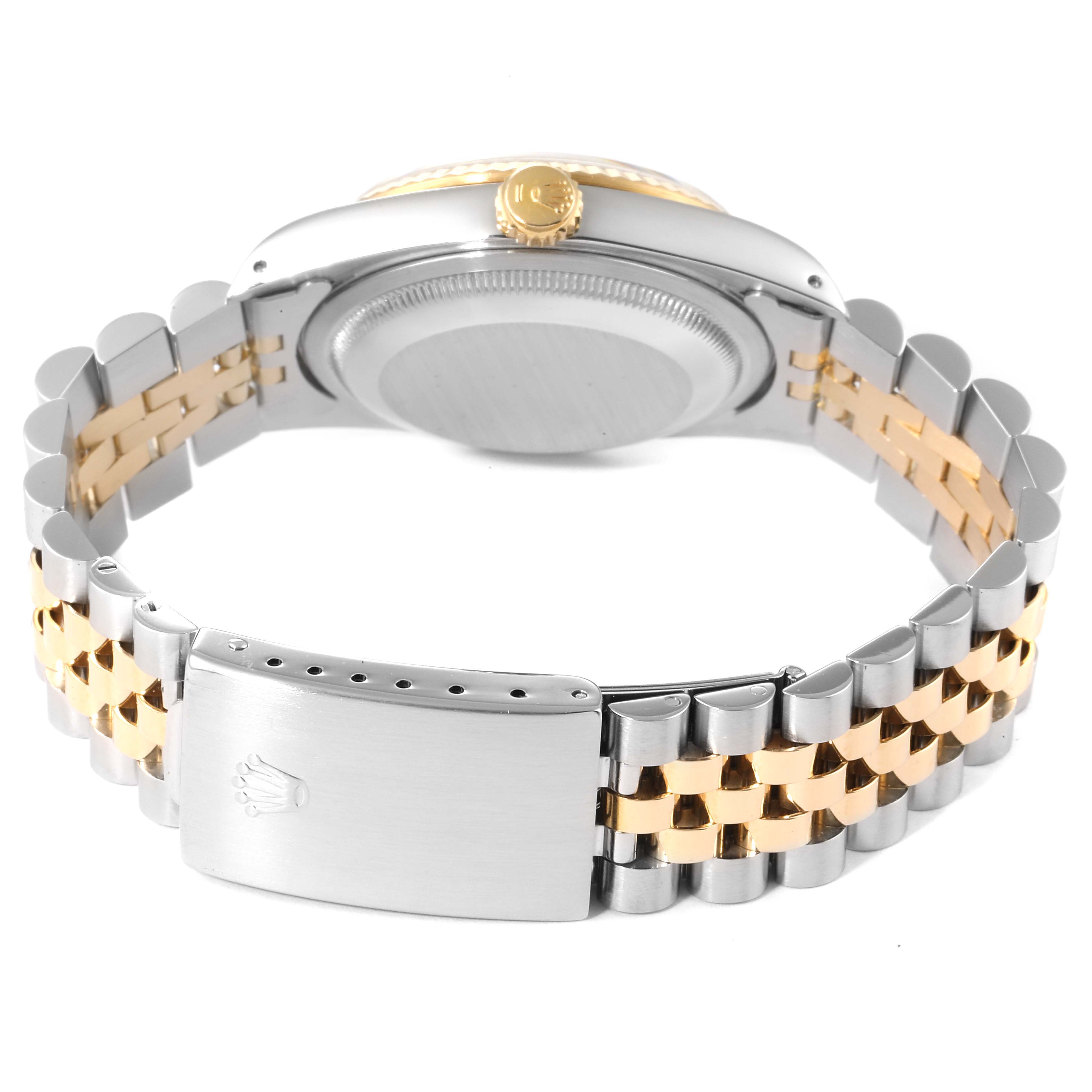 The image shows the back side of the Rolex Datejust 16233 Men's Steel and Gold (two tone) Champagne Dial 16233 Men's Steel and Gold (two tone) Champagne Dial model, including the back case, bracelet, and clasp.