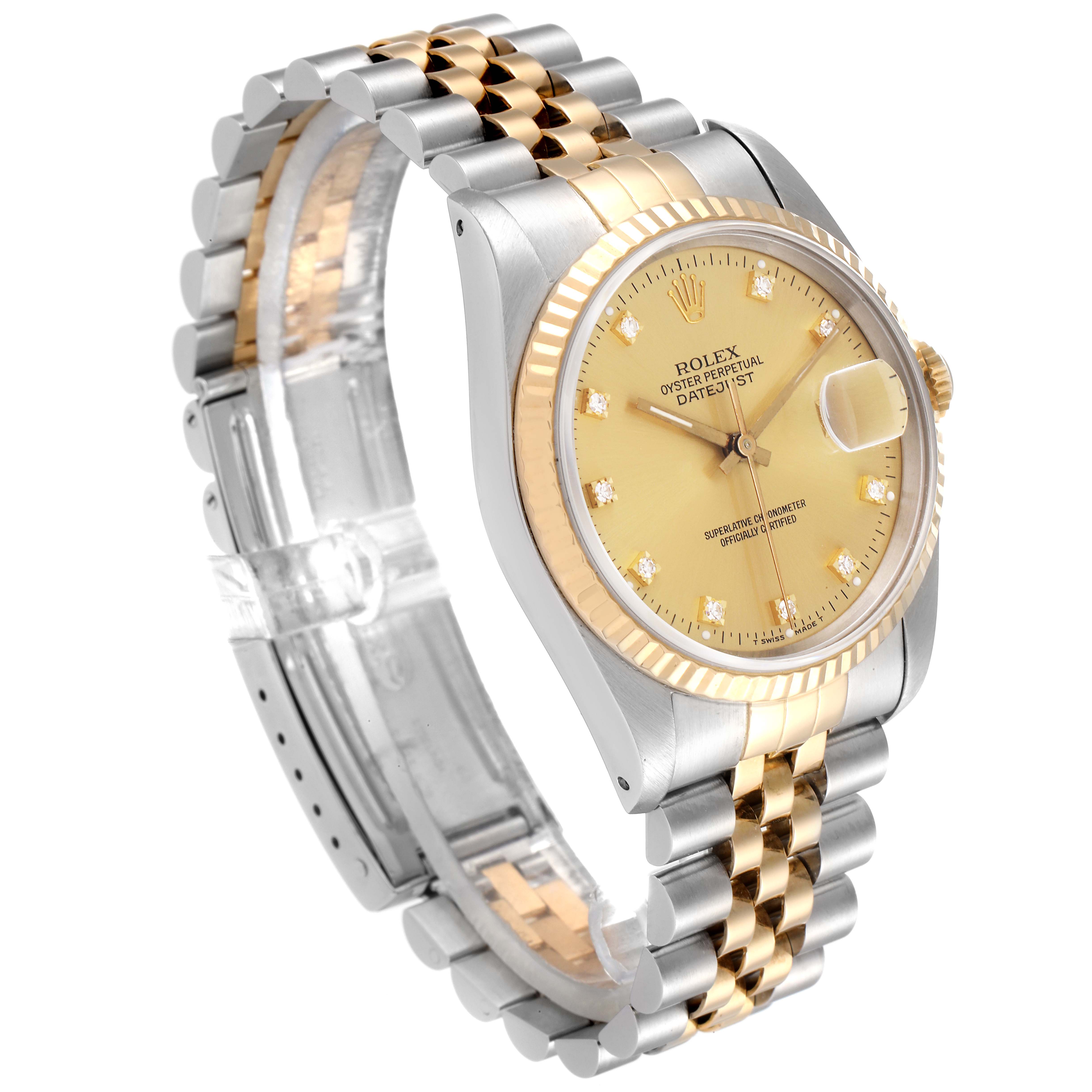 This image shows a Rolex Datejust 16233 Men's Steel and Gold (two tone) Champagne Dial 16233 Men's Steel and Gold (two tone) Champagne Dial watch angled from the front-left, highlighting its bracelet, dial, bezel, and part of the case.