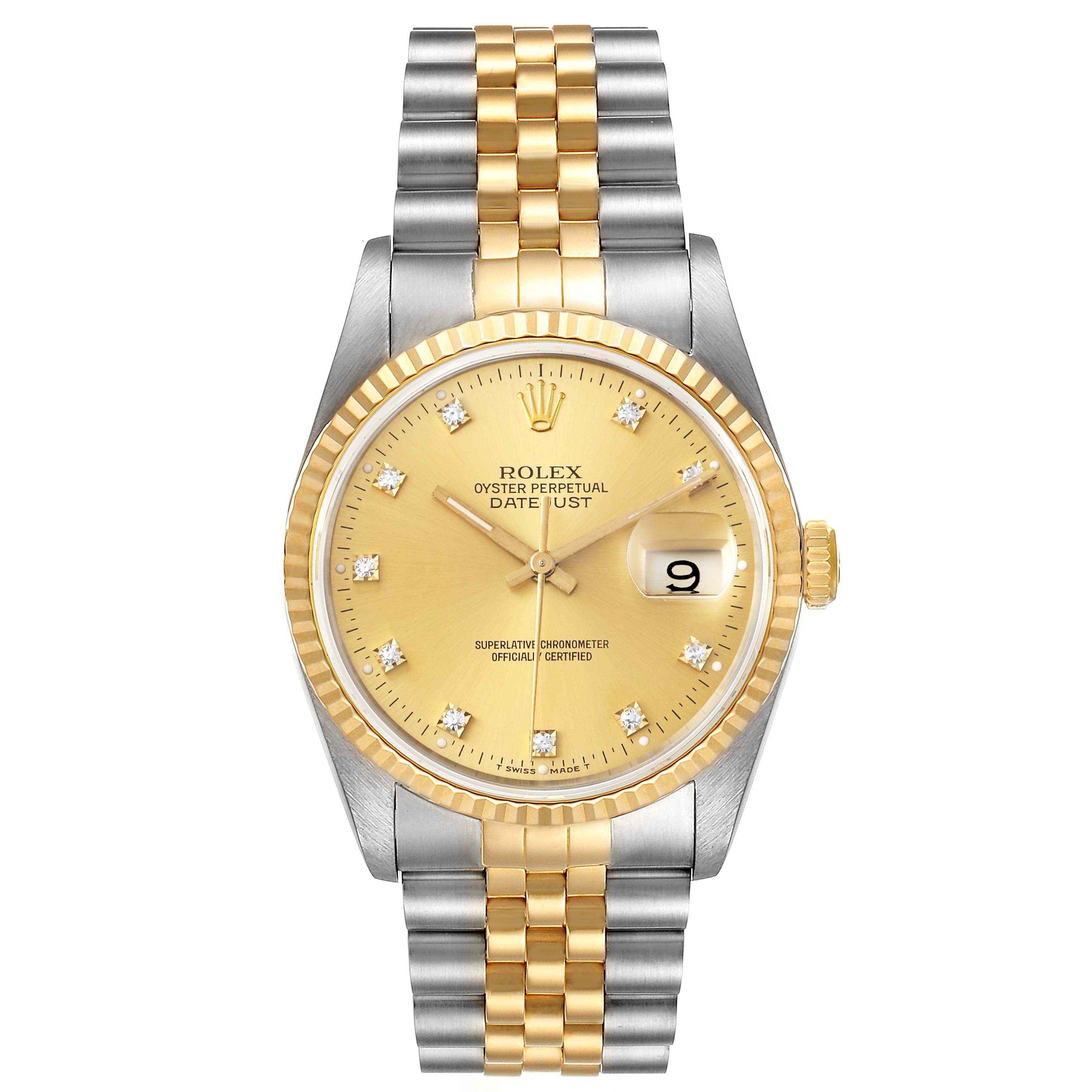 The image shows a Rolex Datejust 16233 Men's Steel and Gold (two tone) Champagne Dial 16233 Men's Steel and Gold (two tone) Champagne Dial watch from a front angle, highlighting its dial, bezel, and bracelet.