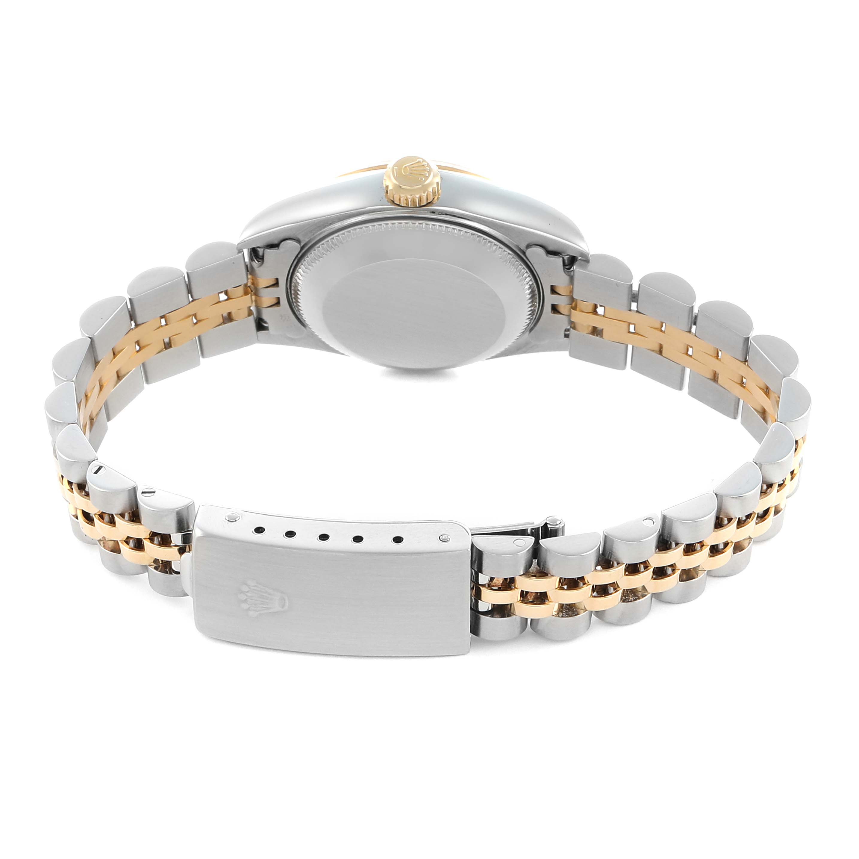 The Rolex Datejust 79173 Women's Steel and Gold (two tone) Champagne Dial watch is shown from the back, highlighting the clasp, bracelet, and caseback.