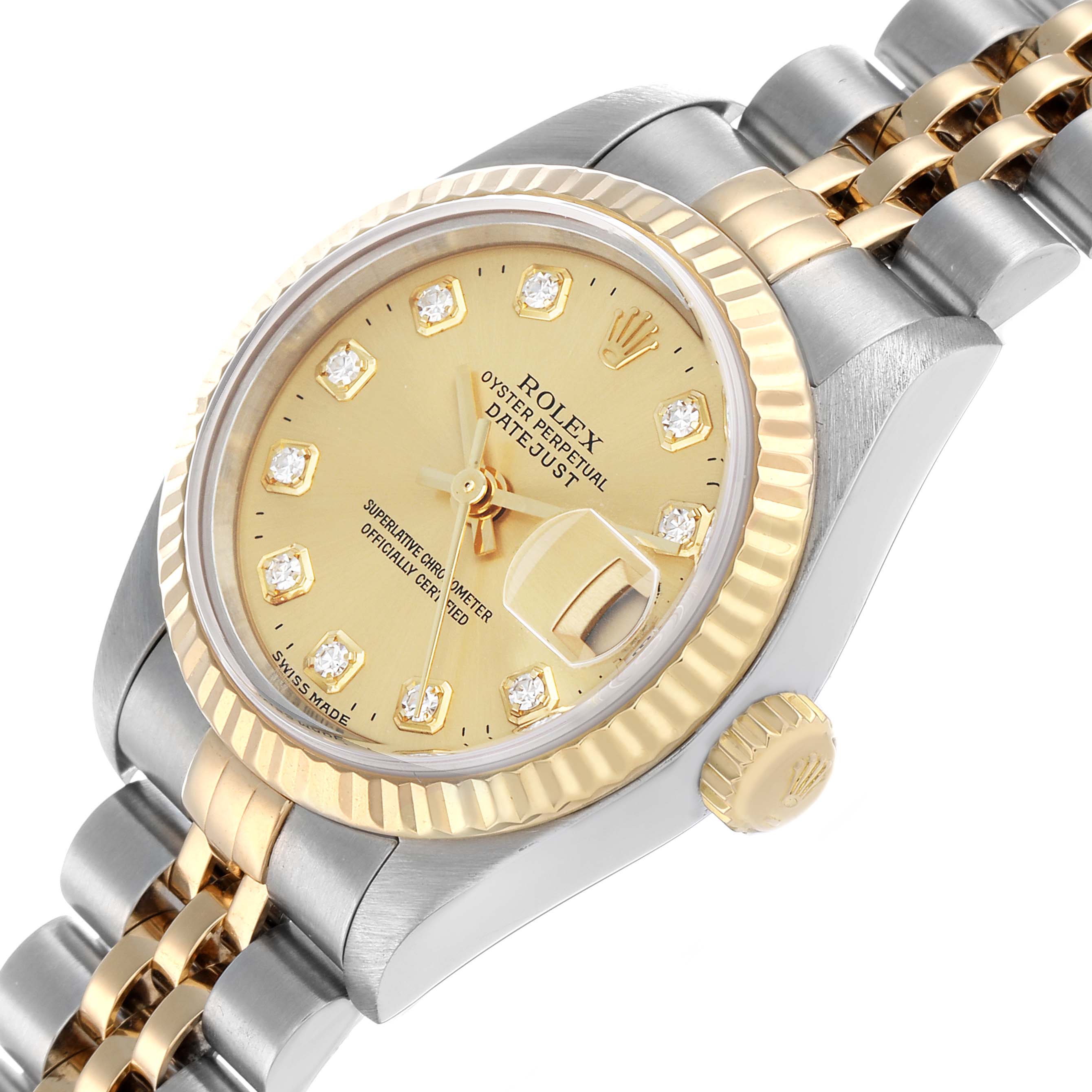 The Rolex Datejust 79173 Women's Steel and Gold (two tone) Champagne Dial is shown at an angled side view, highlighting the dial, fluted bezel, crown, and two-tone bracelet.