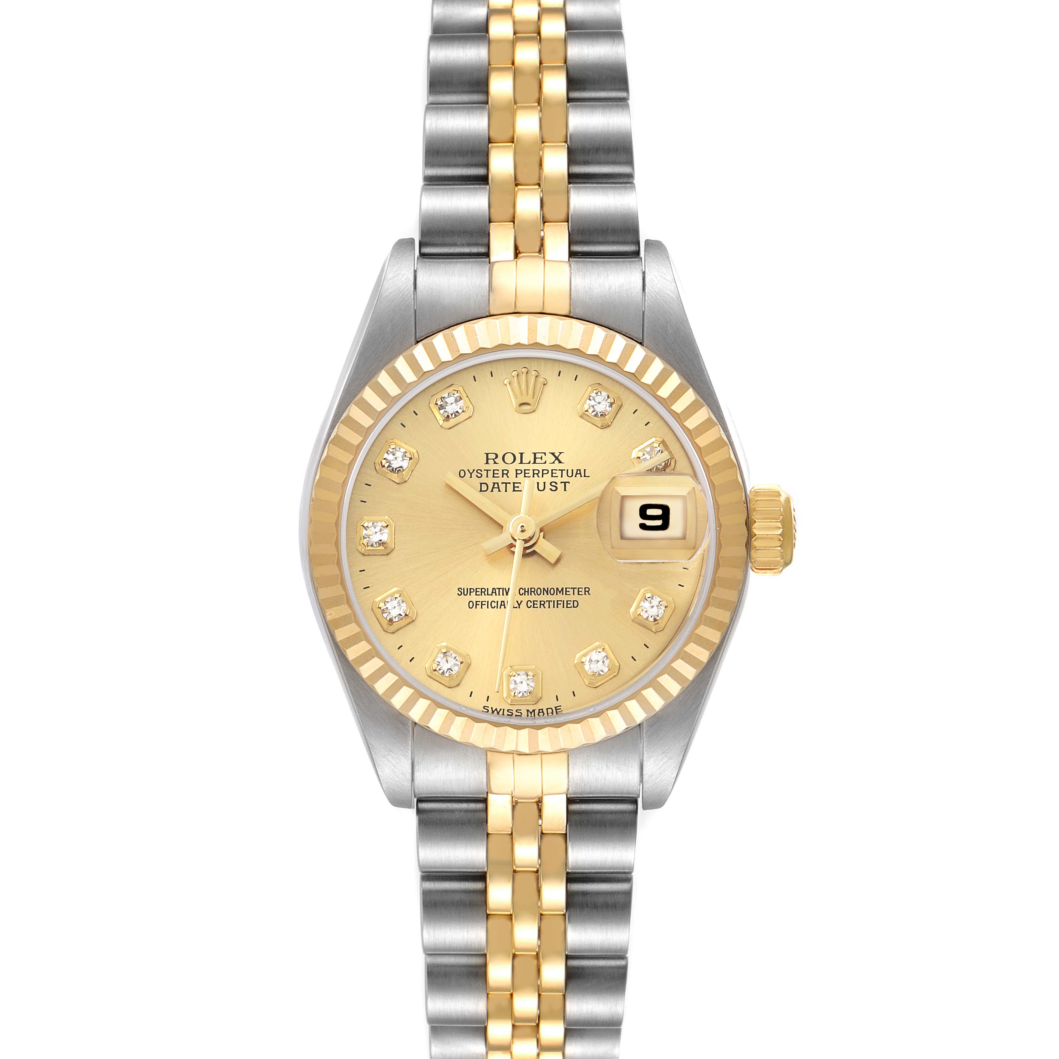 The Rolex Datejust 79173 Women's Steel and Gold (two tone) Champagne Dial watch is shown from a top-down angle, displaying its gold dial, fluted bezel, jubilee bracelet, and date window.