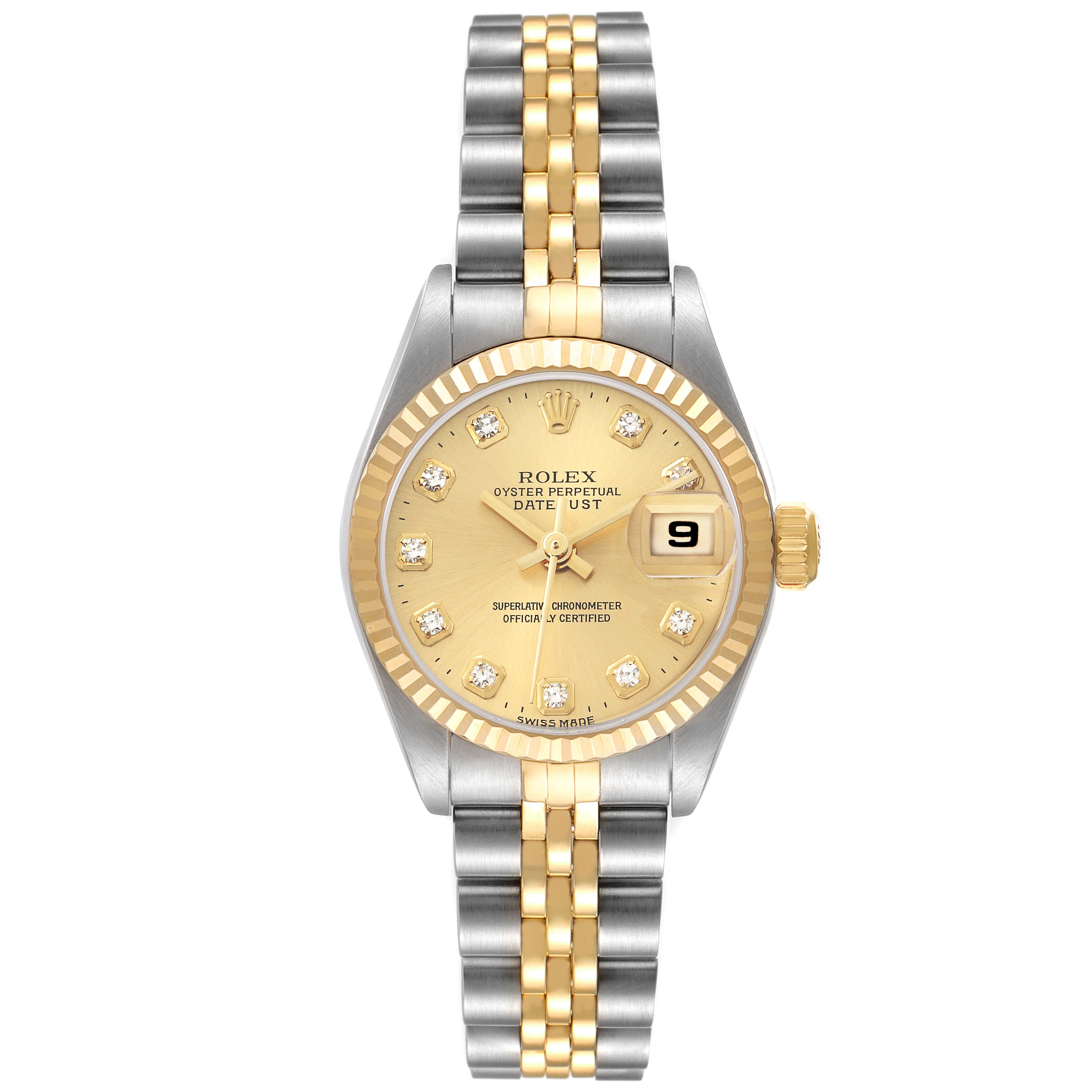 The Rolex Datejust 79173 Women's Steel and Gold (two tone) Champagne Dial watch is shown from a top-down angle, displaying the bezel, dial, and Jubilee bracelet.