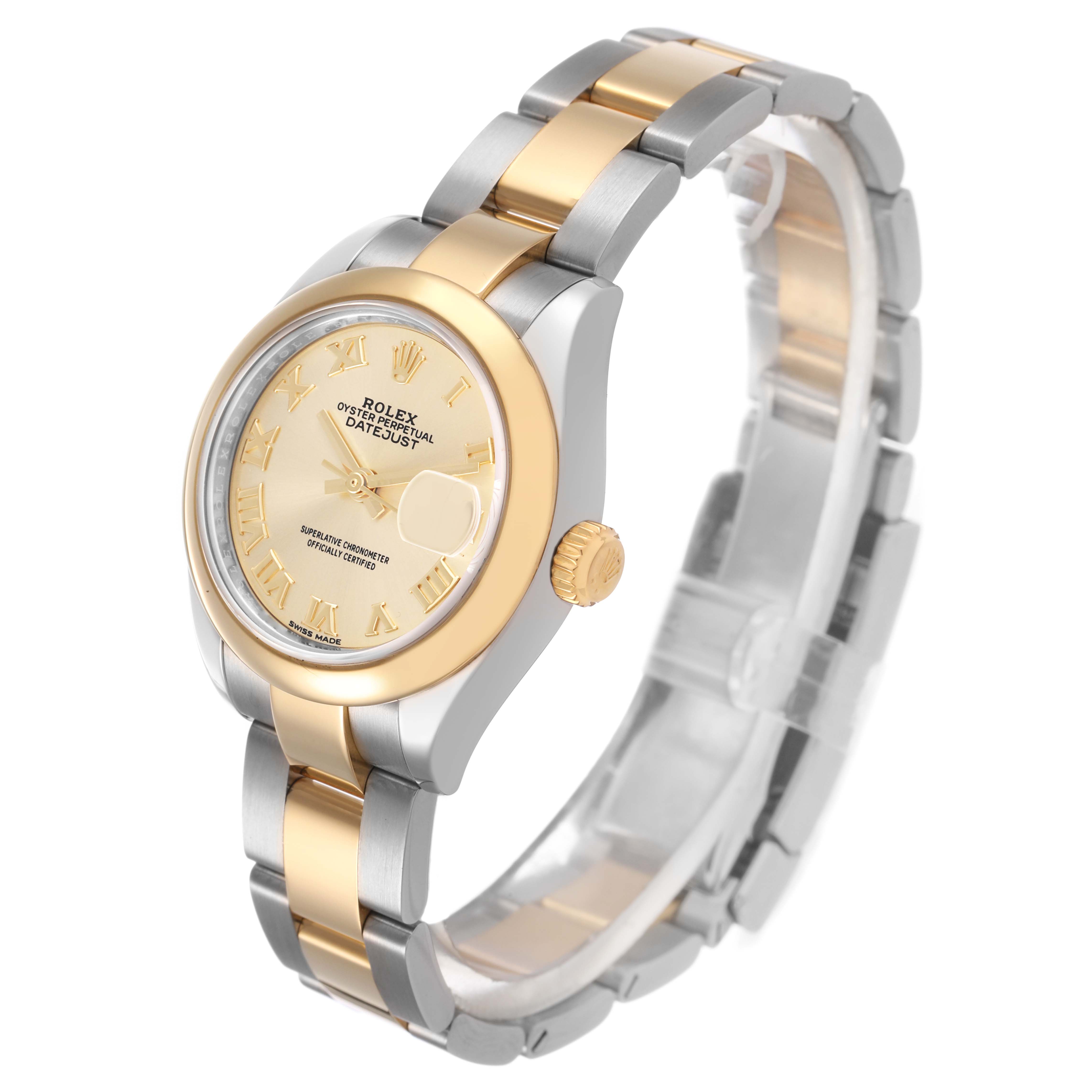 The Rolex Datejust 279163 Women's Steel and Gold (two tone) Champagne Dial watch is shown from an angled side view, highlighting the dial, bezel, crown, and bracelet.