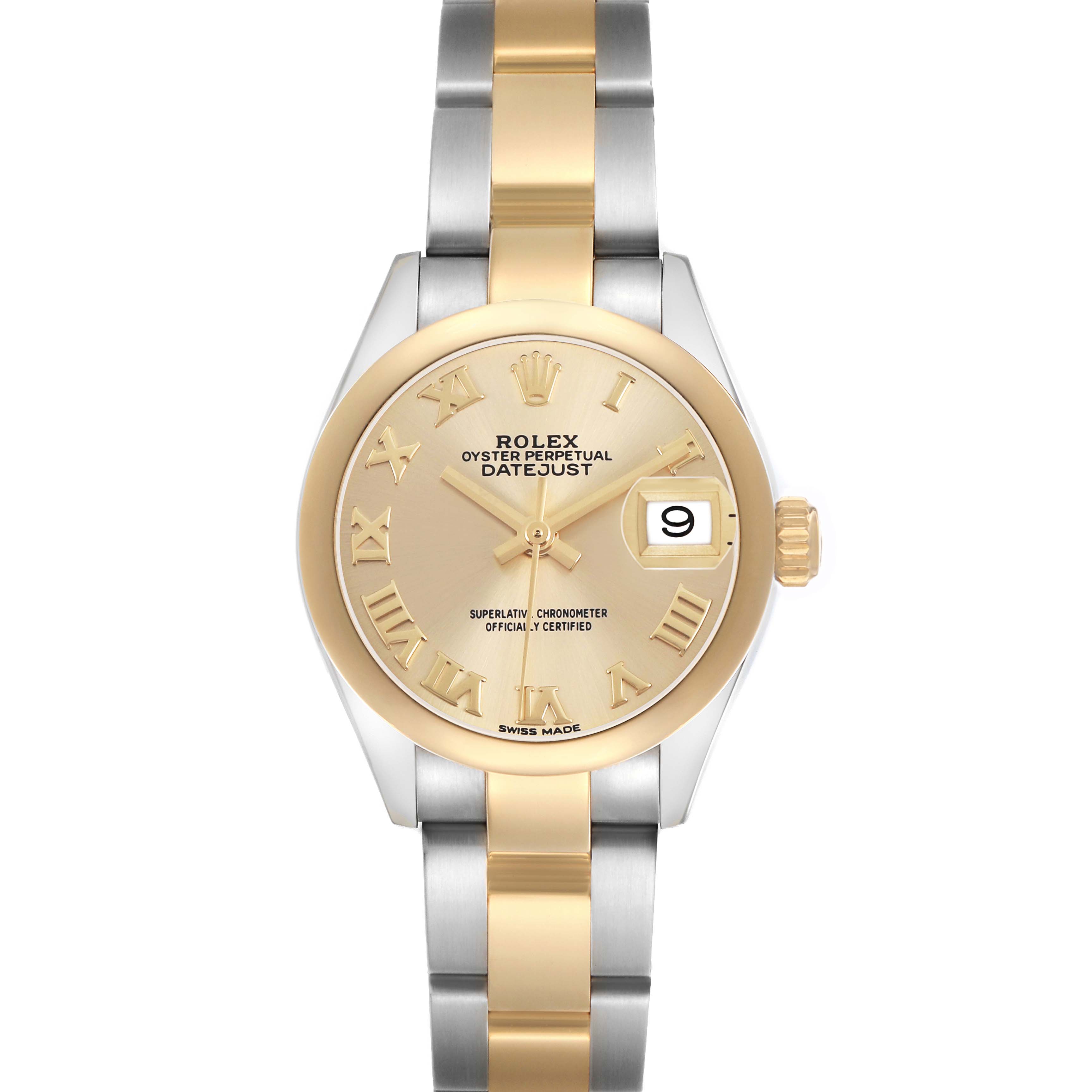 The Rolex Datejust 279163 Women's Steel and Gold (two tone) Champagne Dial watch is shown from a front view, highlighting its dial, two-tone bracelet, and date feature.