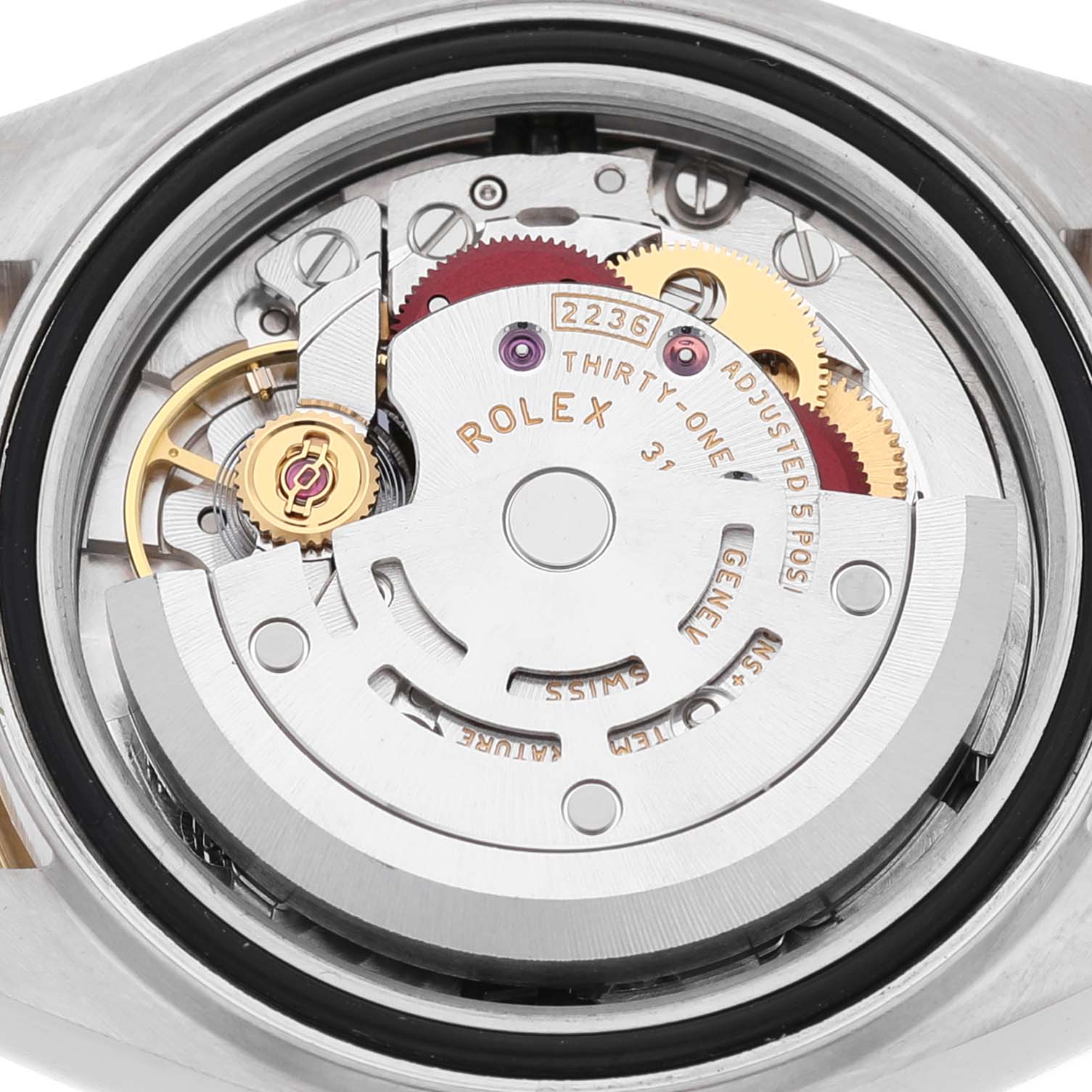 The image shows the internal mechanism of a Rolex Datejust 279163 Women's Steel and Gold (two tone) Champagne Dial watch, focusing on its movement from a top-down angle.