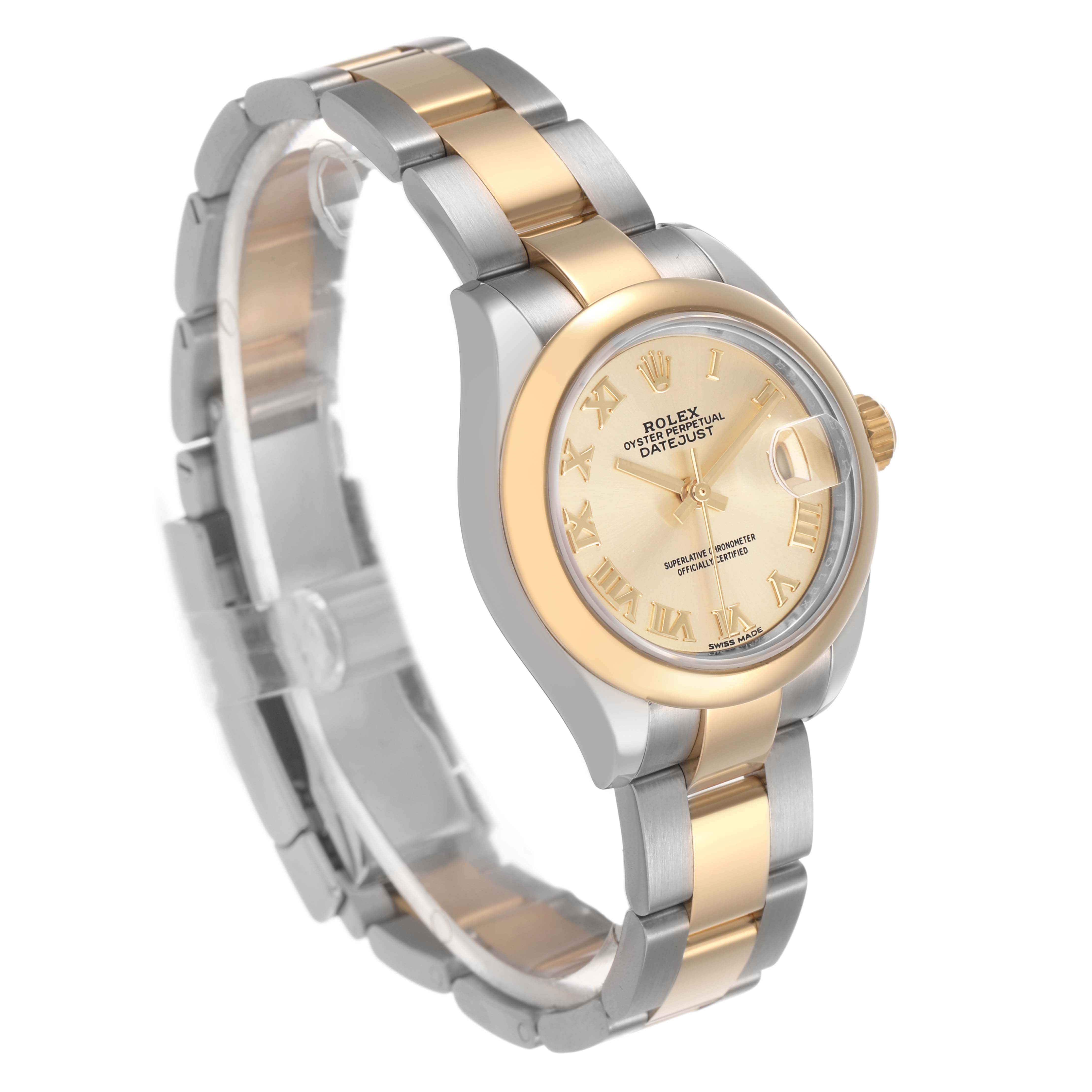 The Rolex Datejust 279163 Women's Steel and Gold (two tone) Champagne Dial watch is shown at a slight angle, displaying its gold and silver bracelet, bezel, and dial with Roman numerals.