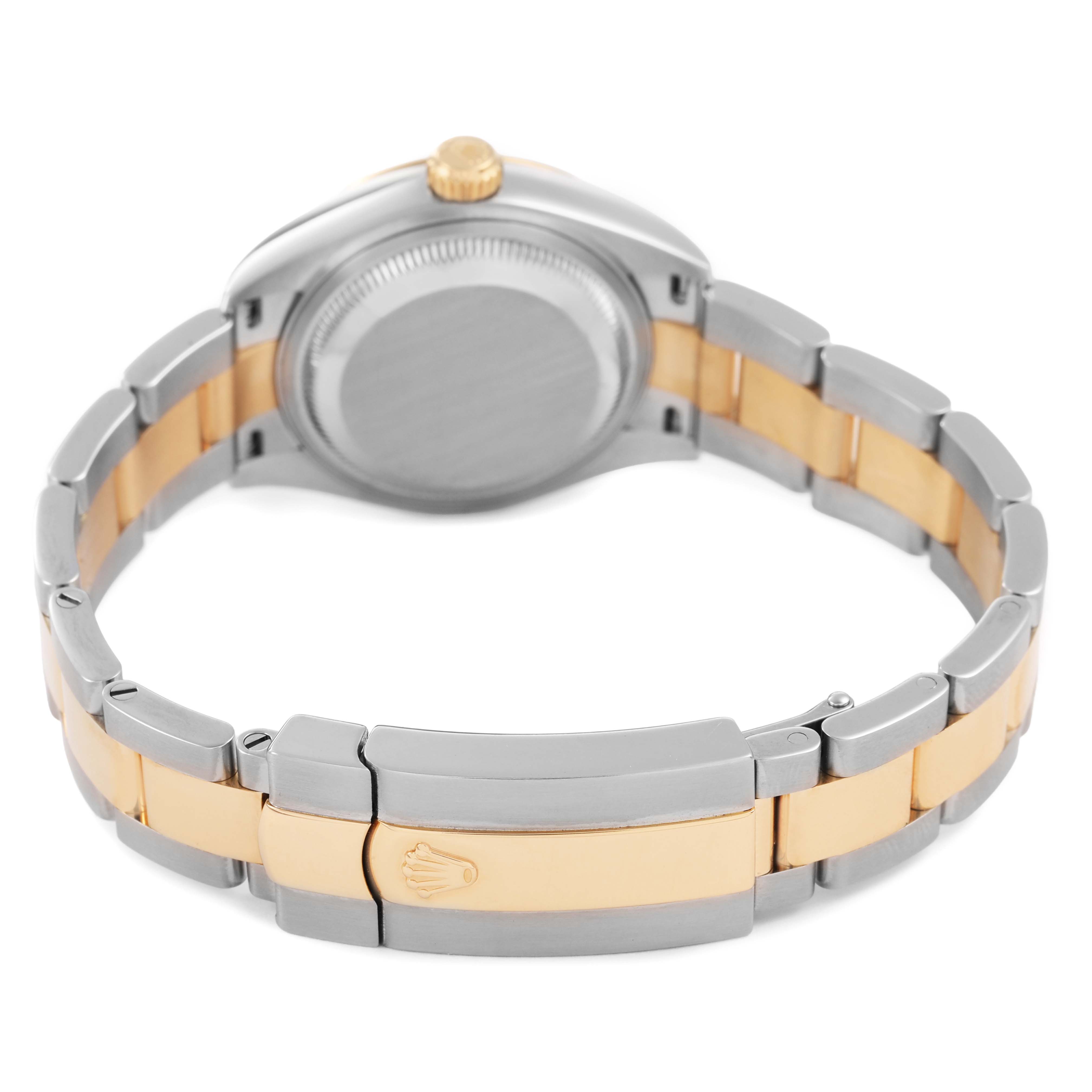 The image shows the back case, crown, and two-tone bracelet with clasp of the Rolex Datejust 279163 Women's Steel and Gold (two tone) Champagne Dial watch.