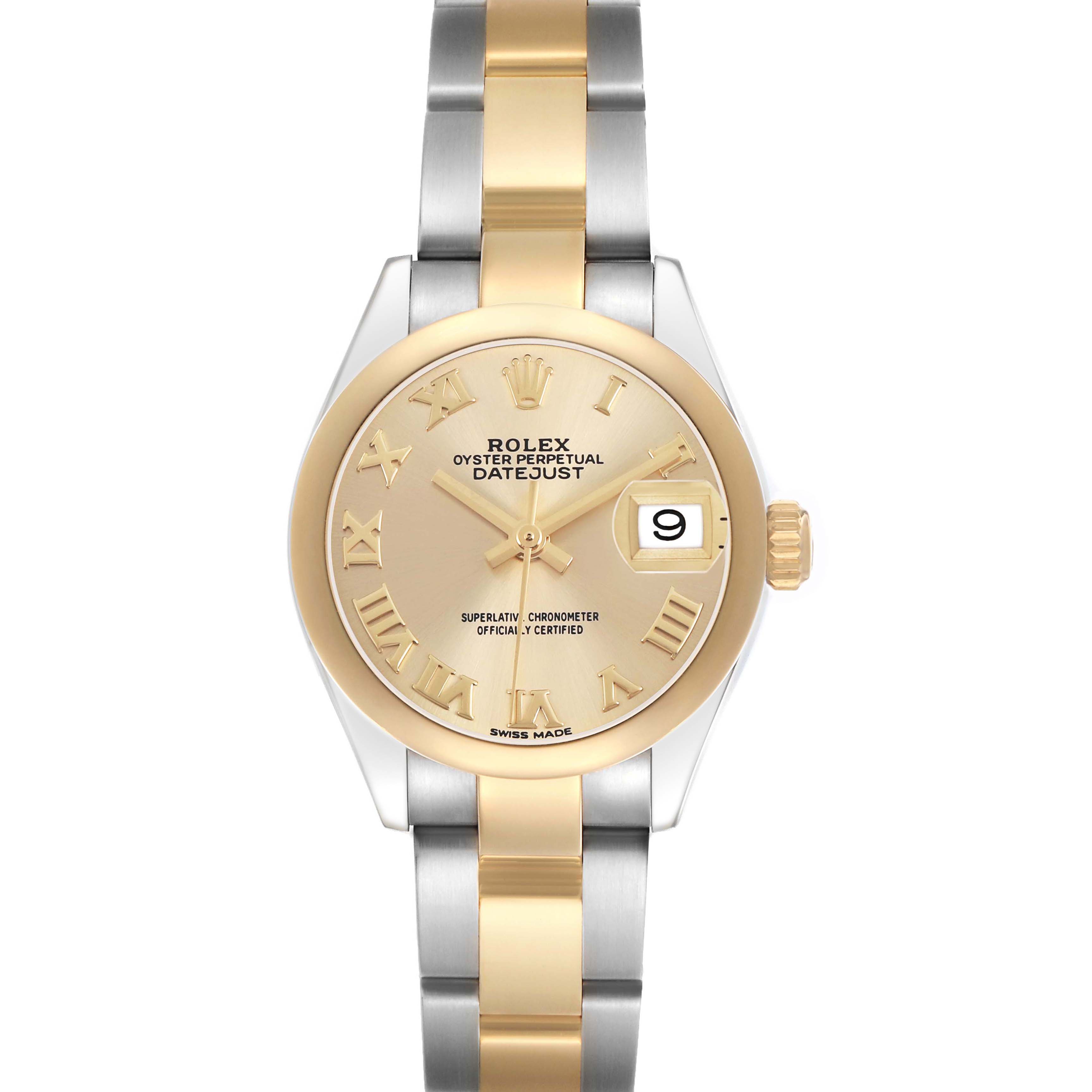 The Rolex Datejust 279163 Women's Steel and Gold (two tone) Champagne Dial watch is shown from a top-down angle, highlighting the face, bezel, and bracelet.