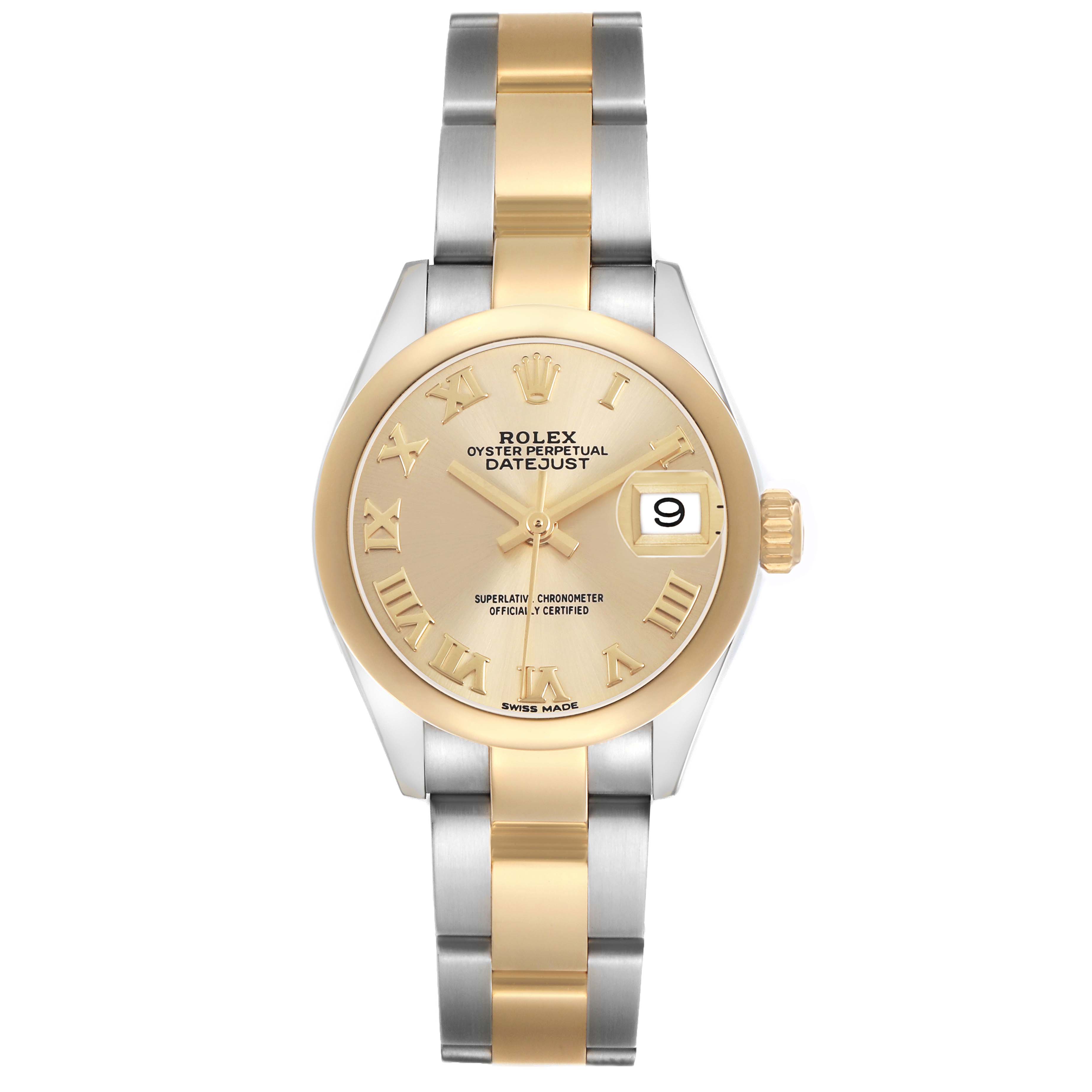 The Rolex Datejust 279163 Women's Steel and Gold (two tone) Champagne Dial watch is shown from the front, displaying the gold-tone dial, bezel, and two-tone bracelet.