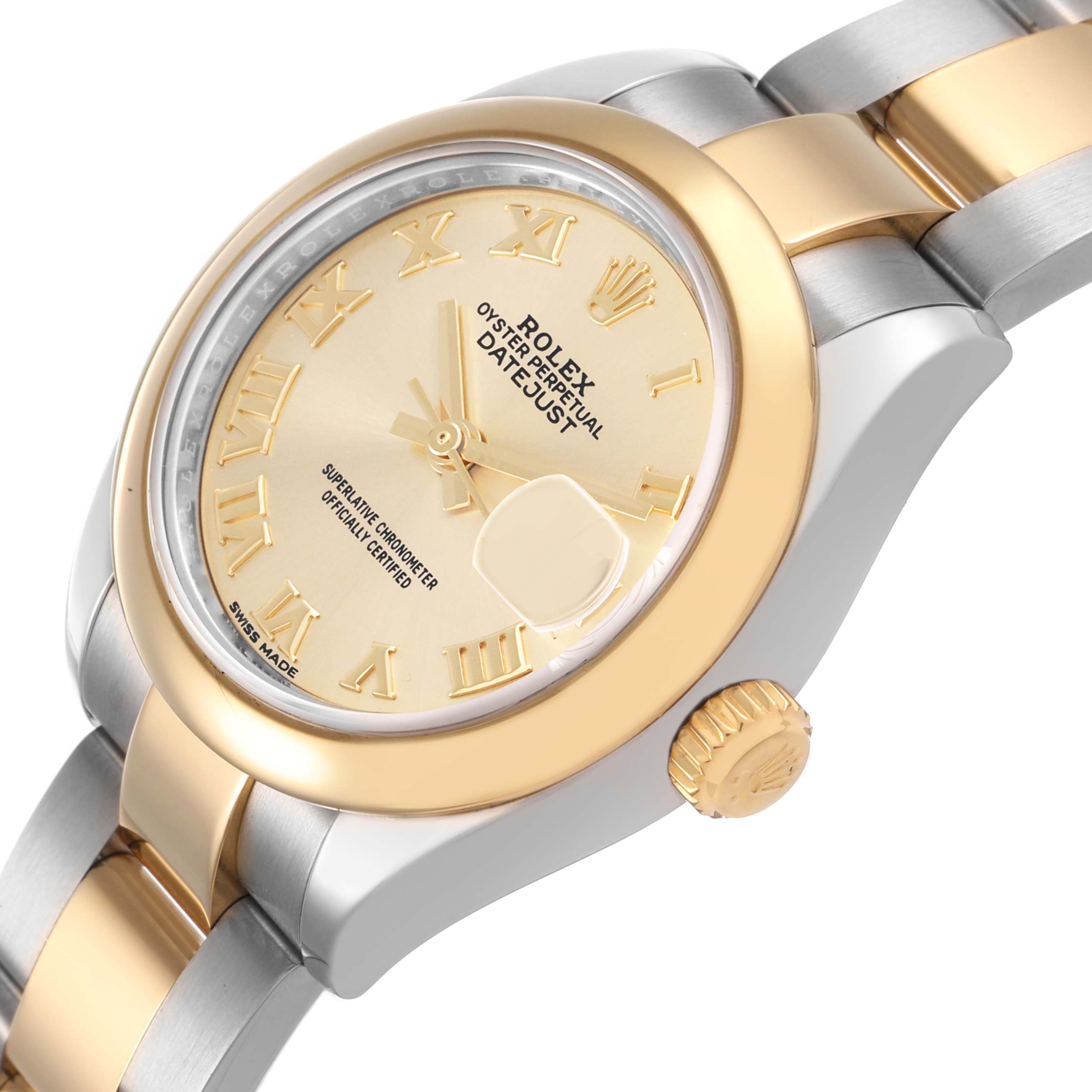 The Rolex Datejust 279163 Women's Steel and Gold (two tone) Champagne Dial watch is shown from an angled side view, highlighting the dial, bezel, crown, and bracelet links.