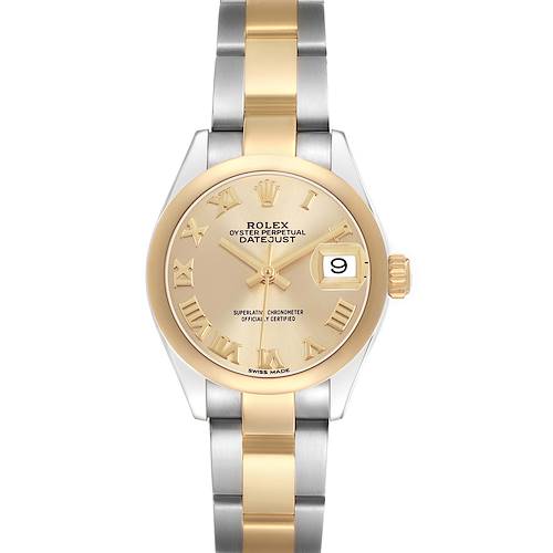 The Rolex Datejust 279163 Women's Steel and Gold (two tone) Champagne Dial watch is shown from a front view, highlighting its gold and silver bracelet, bezel, and dial.