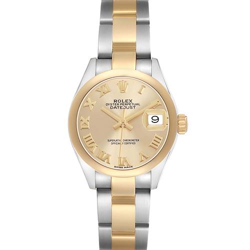 The Rolex Datejust 279163 Womens Steel and Gold (two tone) Champagne Dial watch is shown from a front angle, displaying the face, bezel, and bracelet.