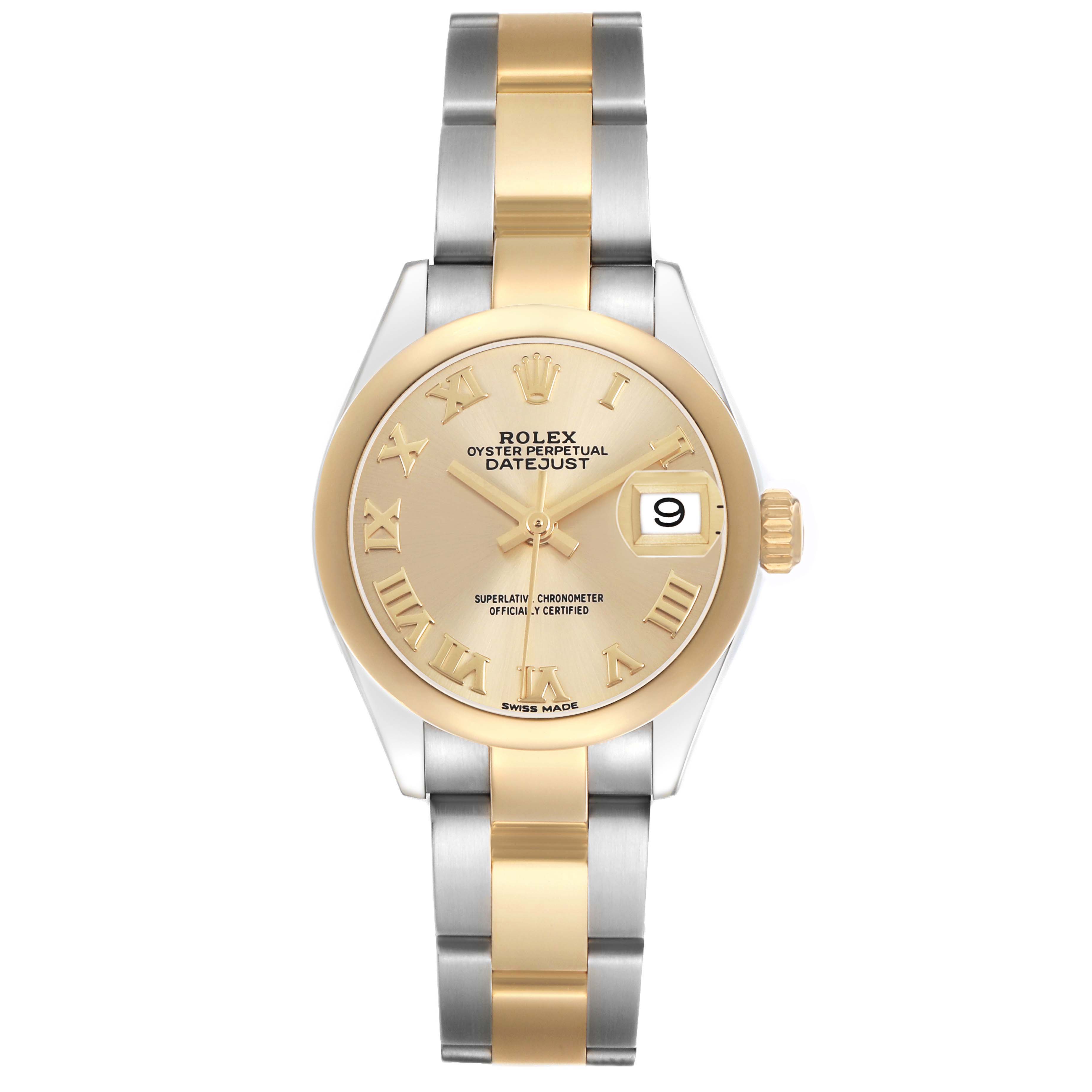 The Rolex Datejust 279163 Women's Steel and Gold (two tone) Champagne Dial watch is shown from a top-down angle, highlighting the bezel, dial, markers, and bracelet.