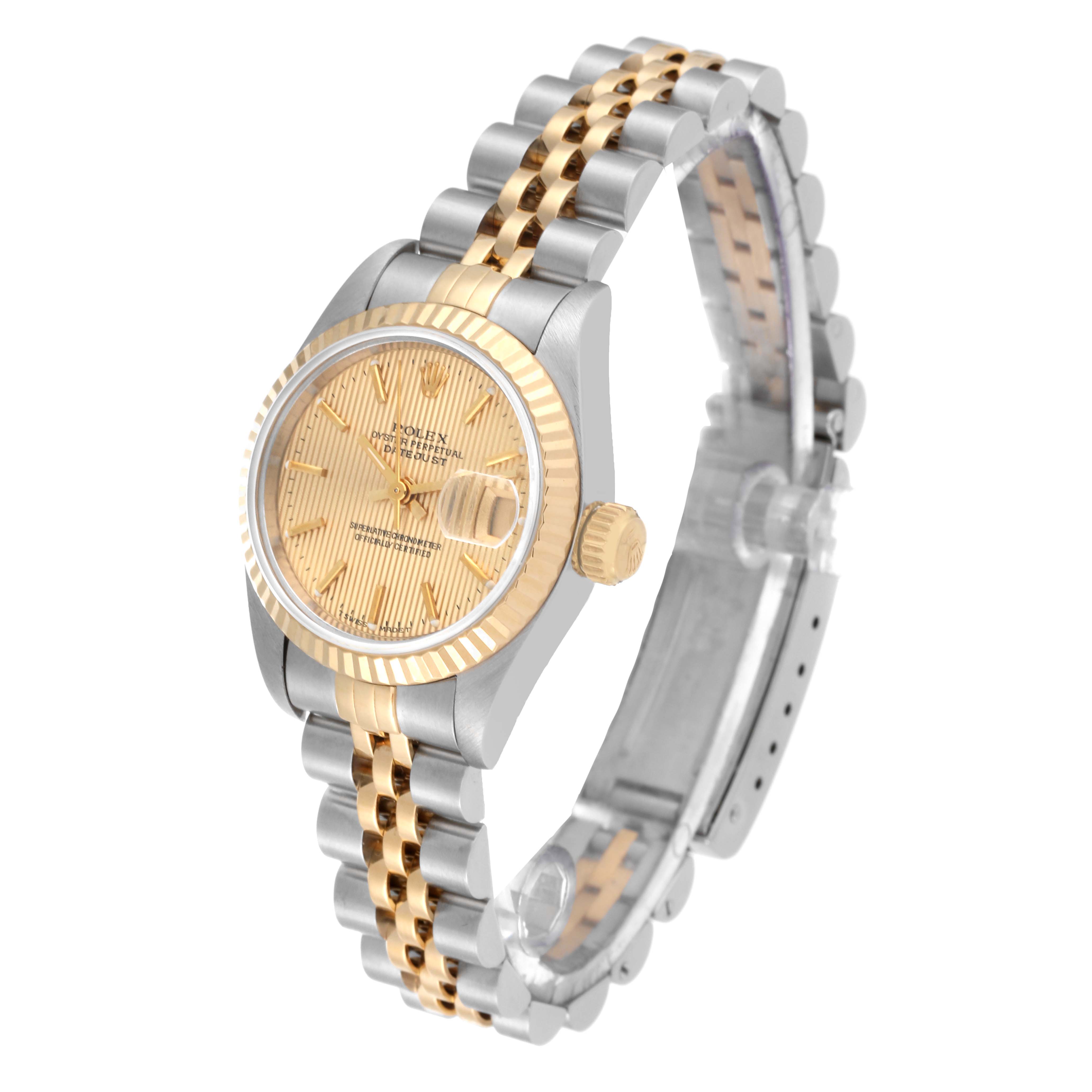 This image shows a Rolex Datejust 69173 Women's Steel and Gold (two tone) Champagne Dial 69173 Women's Steel and Gold (two tone) Champagne Dial watch at a three-quarter angle, highlighting the dial, bezel, crown, and two-tone bracelet.