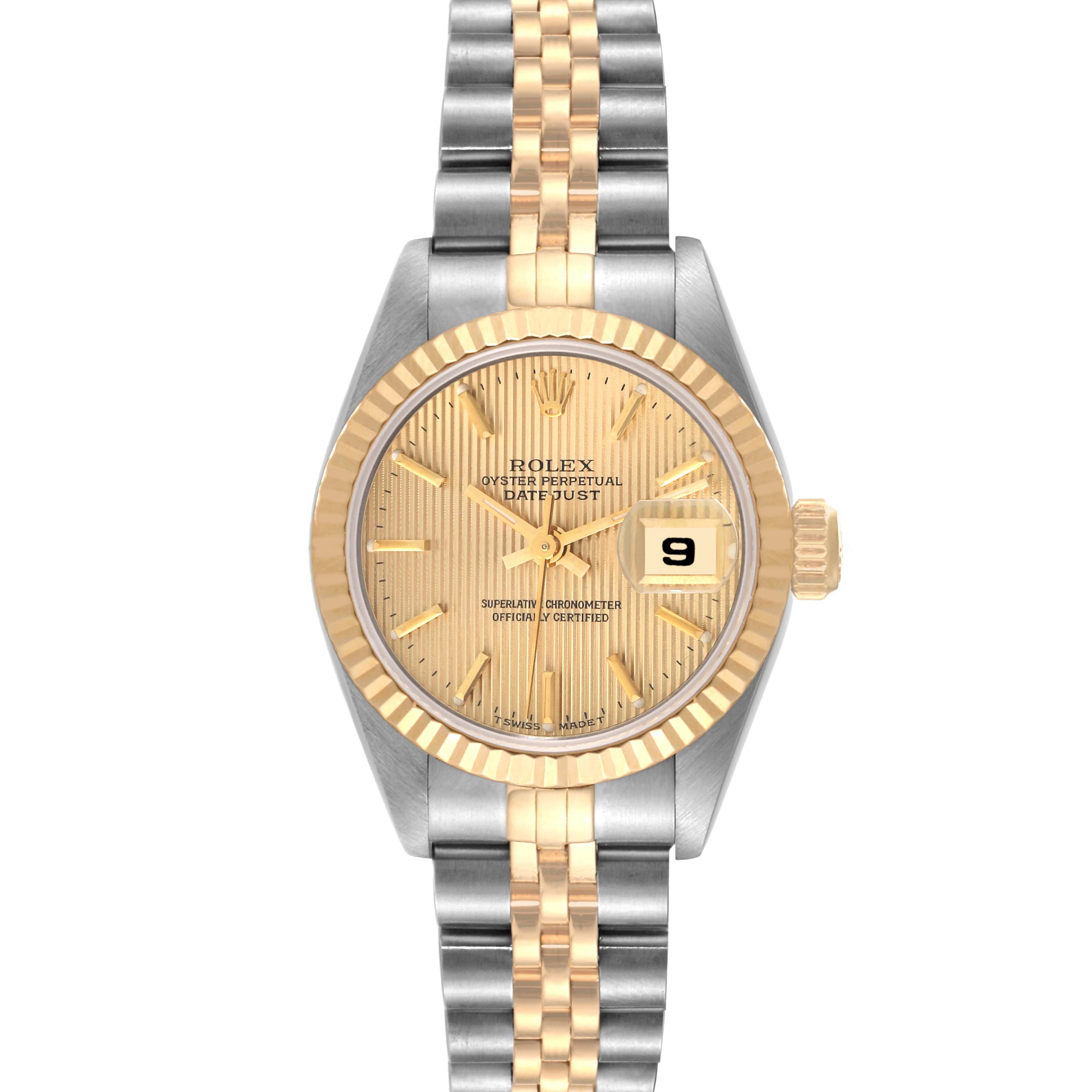 The Rolex Datejust 69173 Women's Steel and Gold (two tone) Champagne Dial 69173 Women's Steel and Gold (two tone) Champagne Dial watch is shown from a front angle, displaying its face, bezel, and two-tone bracelet.