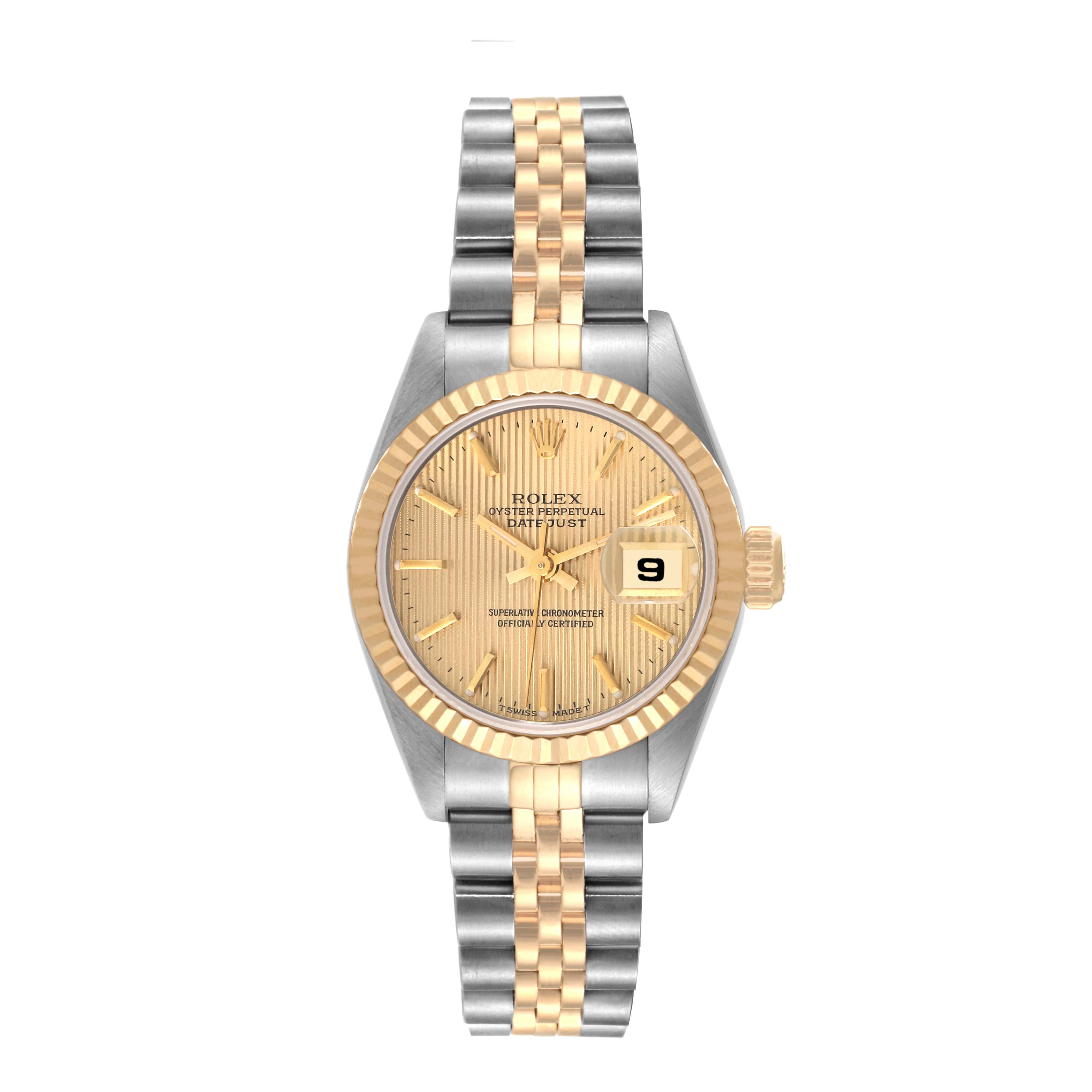 The image shows a Rolex Datejust 69173 Women's Steel and Gold (two tone) Champagne Dial 69173 Women's Steel and Gold (two tone) Champagne Dial watch from the front, highlighting the dial, bezel, and two-tone bracelet.