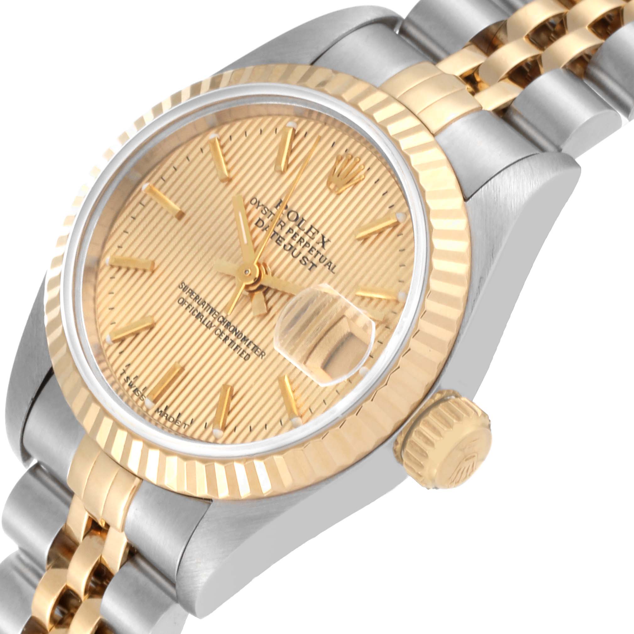 The image shows a tilted close-up of a Rolex Datejust 69173 Women's Steel and Gold (two tone) Champagne Dial 69173 Women's Steel and Gold (two tone) Champagne Dial watch, highlighting the dial, fluted bezel, crown, and a portion of the jubilee bracelet.