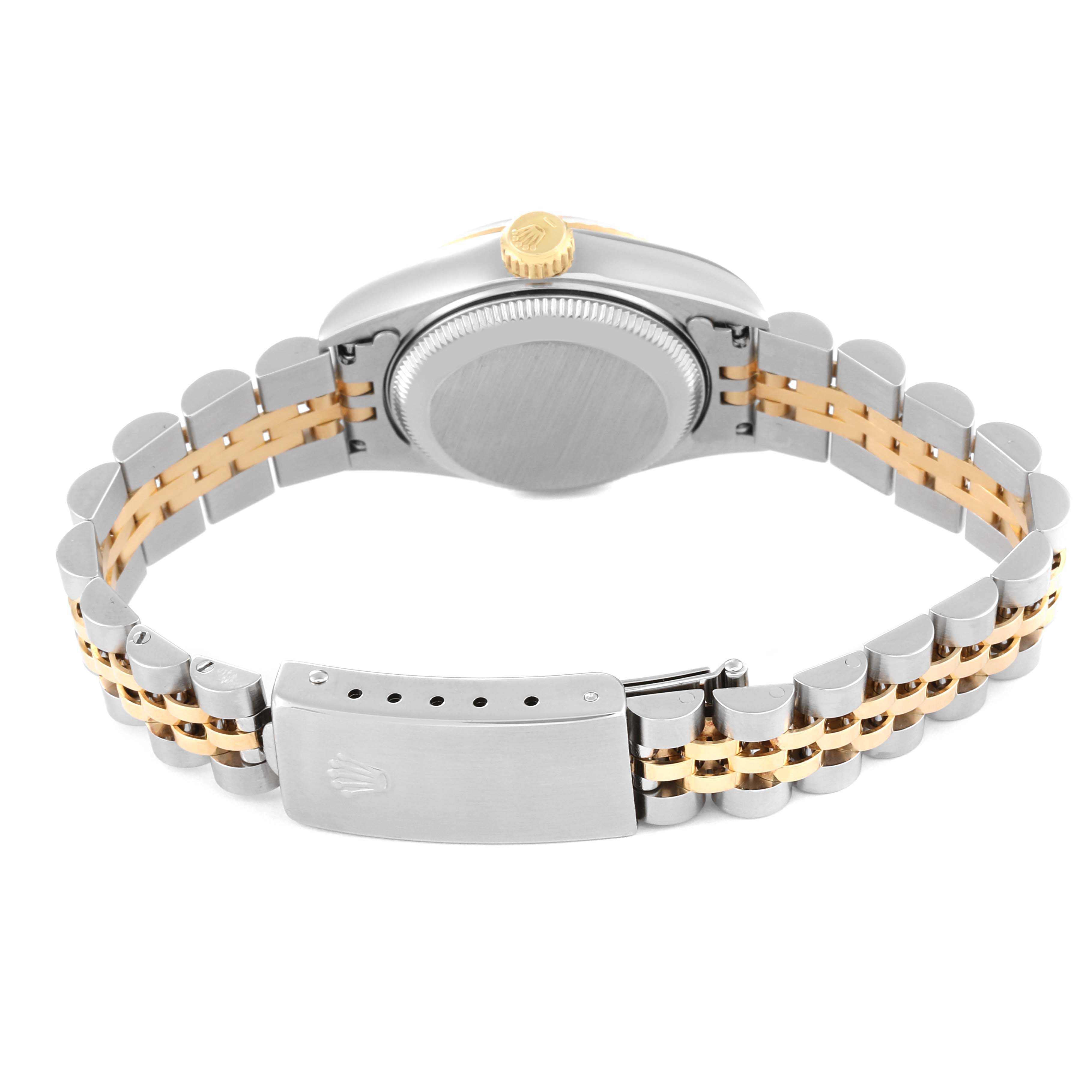 The image shows the backside and bracelet of the Rolex Datejust 69173 Women's Steel and Gold (two tone) Champagne Dial 69173 Women's Steel and Gold (two tone) Champagne Dial watch, featuring a two-tone metal design and the clasp.