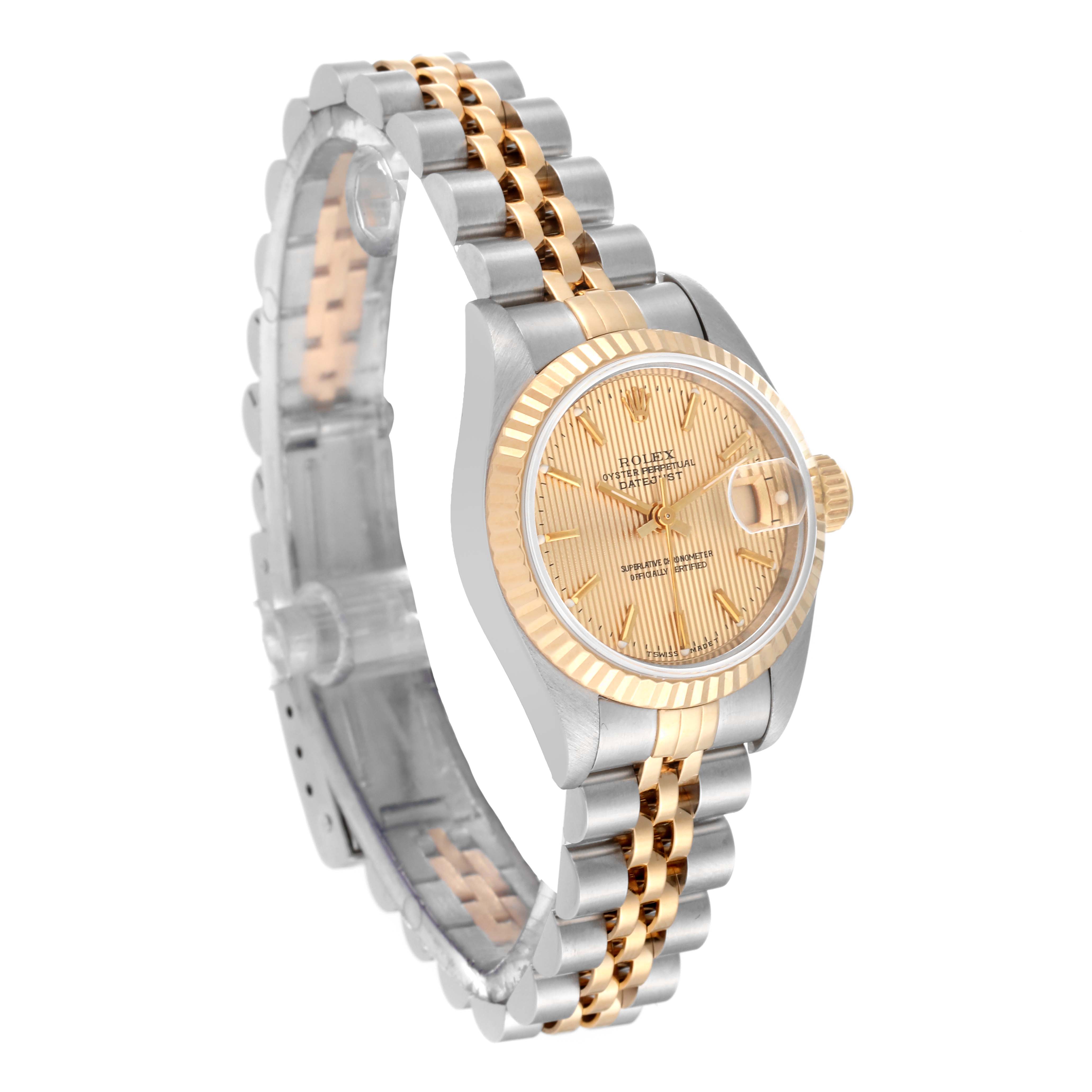 This image shows a Rolex Datejust 69173 Women's Steel and Gold (two tone) Champagne Dial 69173 Women's Steel and Gold (two tone) Champagne Dial watch at a three-quarter angle, highlighting the dial, case, and two-tone bracelet.