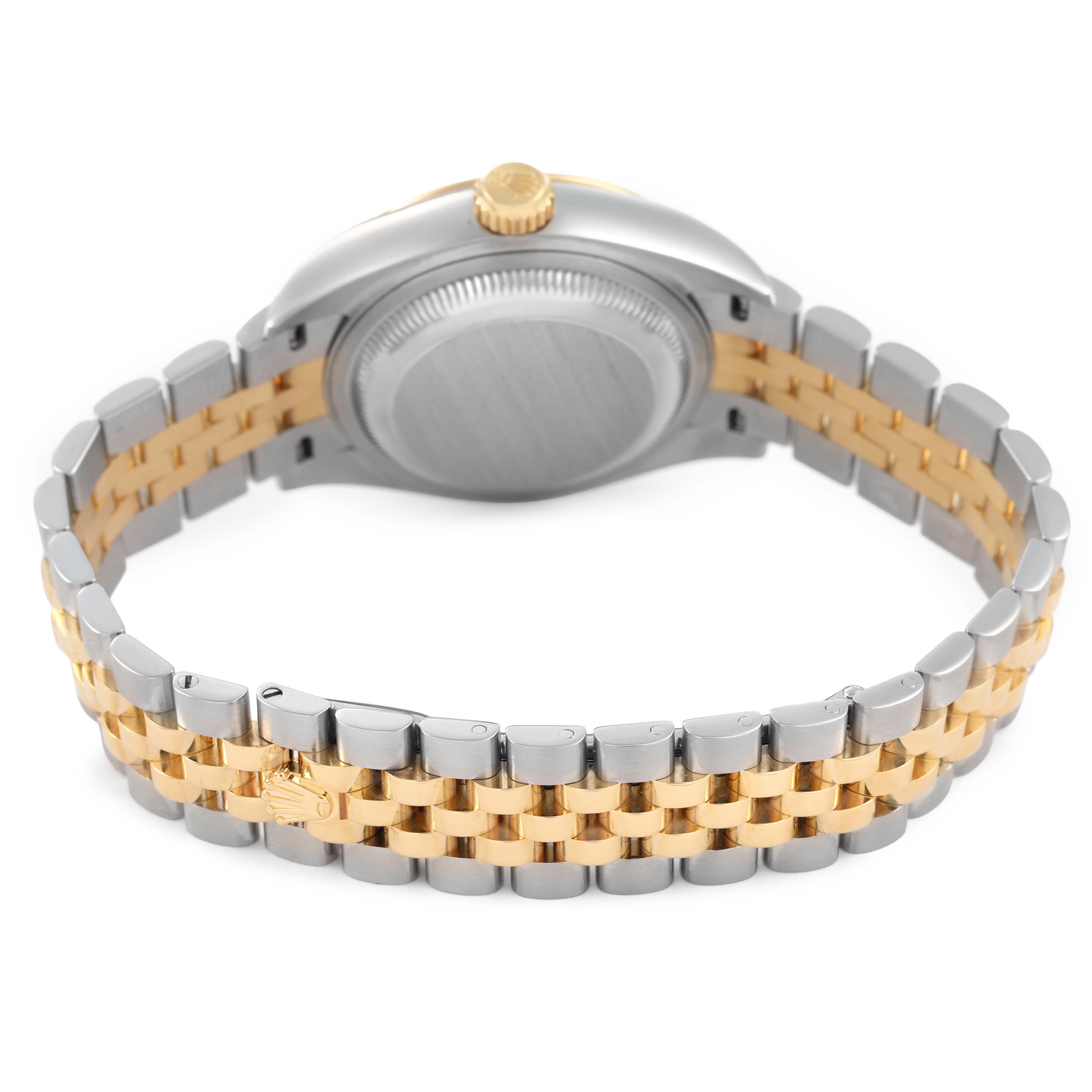 The Rolex Datejust 279163 Women's Steel and Gold (two tone) Champagne Dial is shown from the back, highlighting the bracelet and case back.