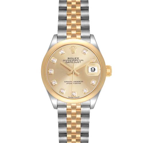 The image shows a Rolex Datejust 279163 Women's Steel and Gold (two tone) Champagne Dial watch from a top-down angle, highlighting its two-tone bracelet, gold bezel, and diamond hour markers.