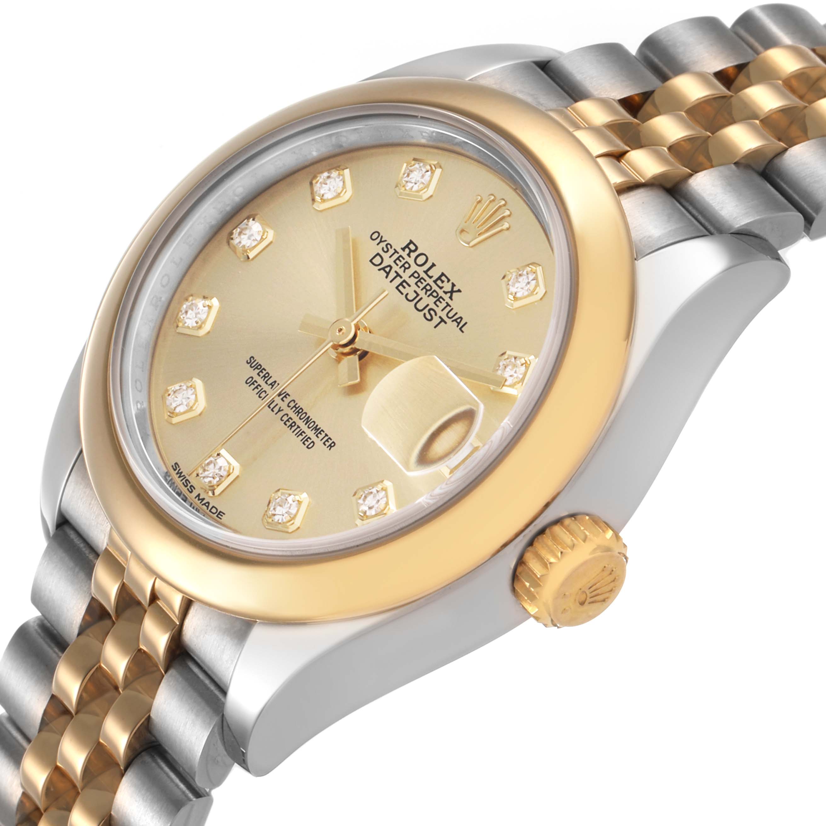 The Rolex Datejust 279163 Women's Steel and Gold (two tone) Champagne Dial watch is shown from a top-side angle, highlighting the dial, bezel, crown, and part of the bracelet.