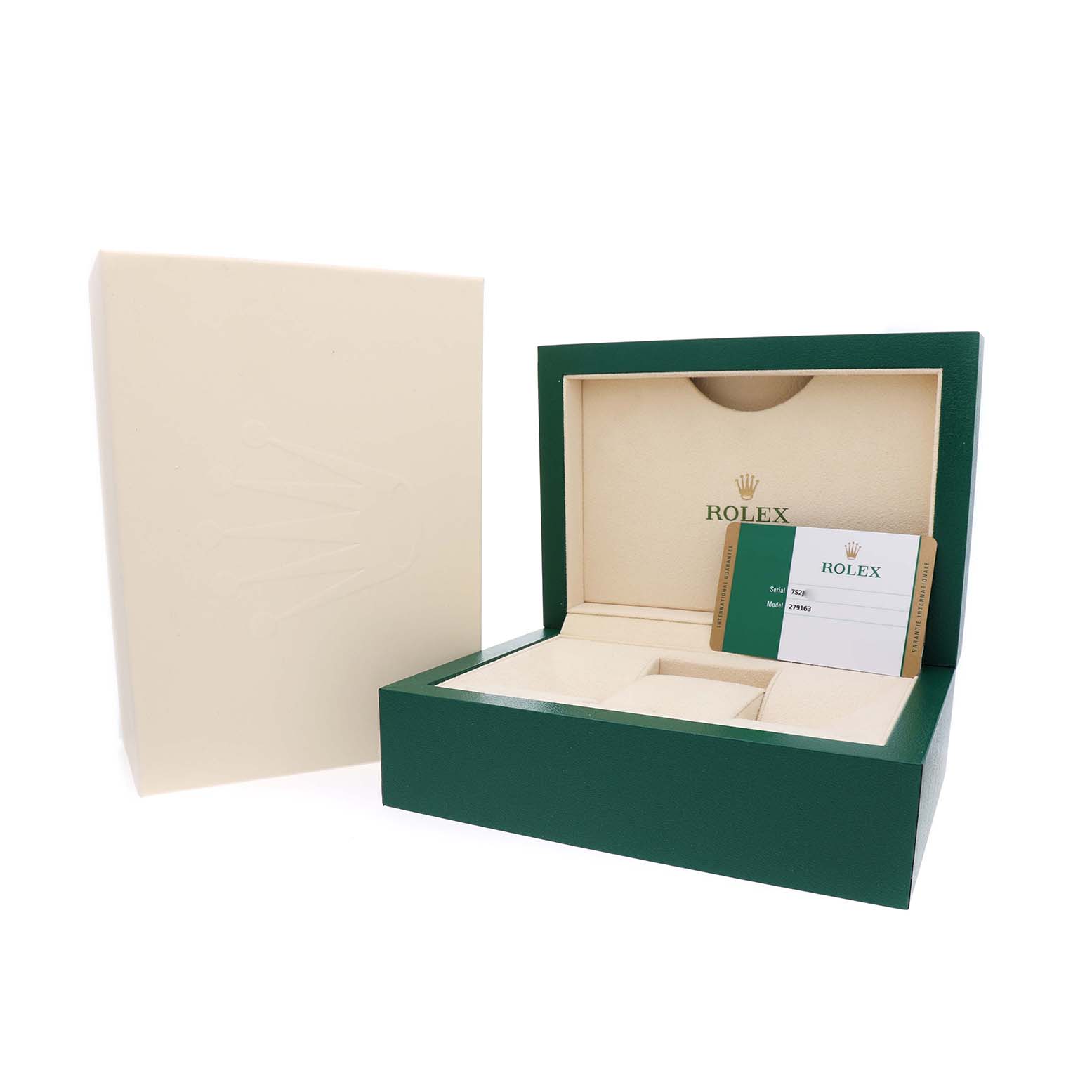 The image shows a Rolex Datejust 279163 Women's Steel and Gold (two tone) Champagne Dial watch box set, including the green box with compartments and a warranty card.
