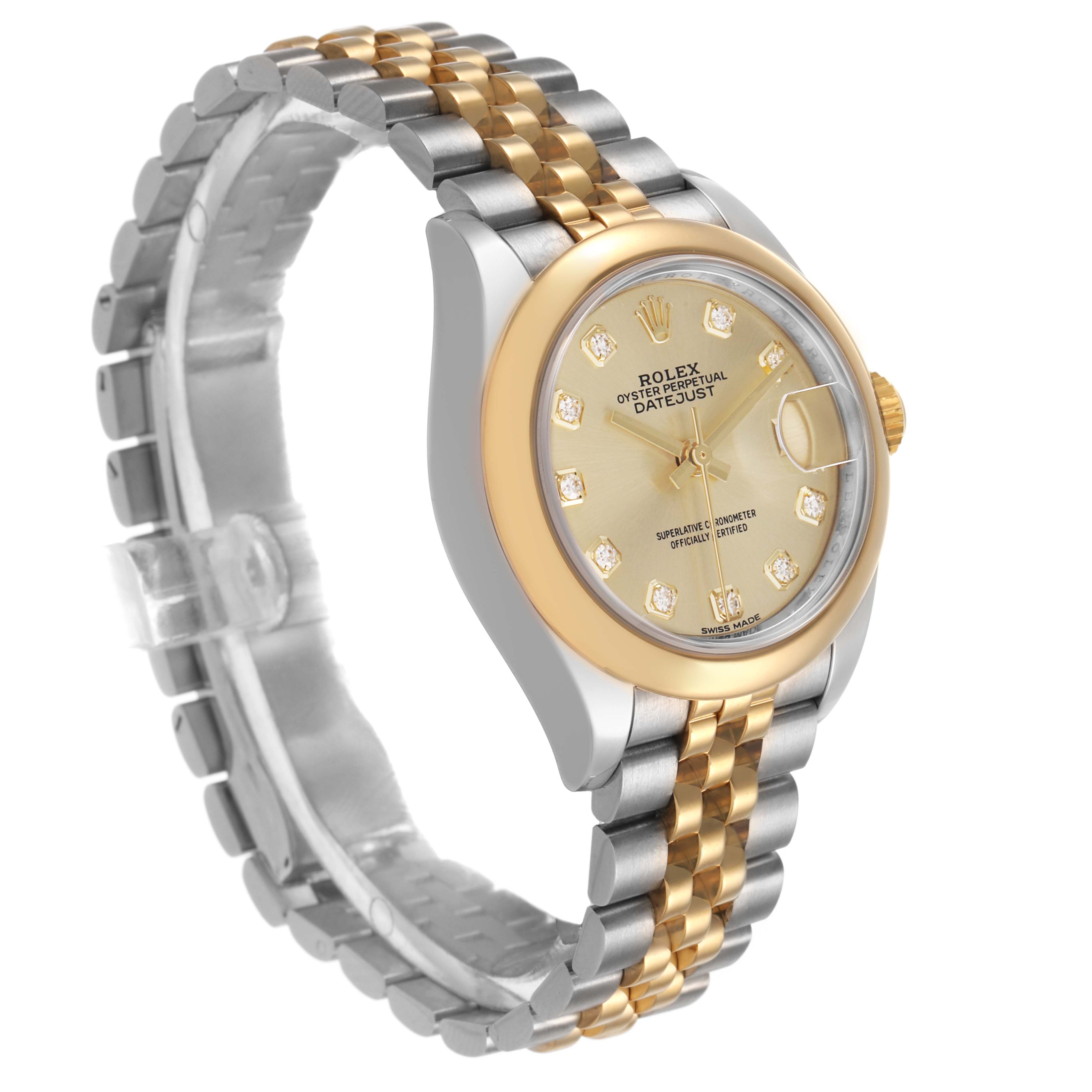 The Rolex Datejust 279163 Women's Steel and Gold (two tone) Champagne Dial watch is shown at a three-quarter angle, highlighting its bracelet, dial, and bezel.