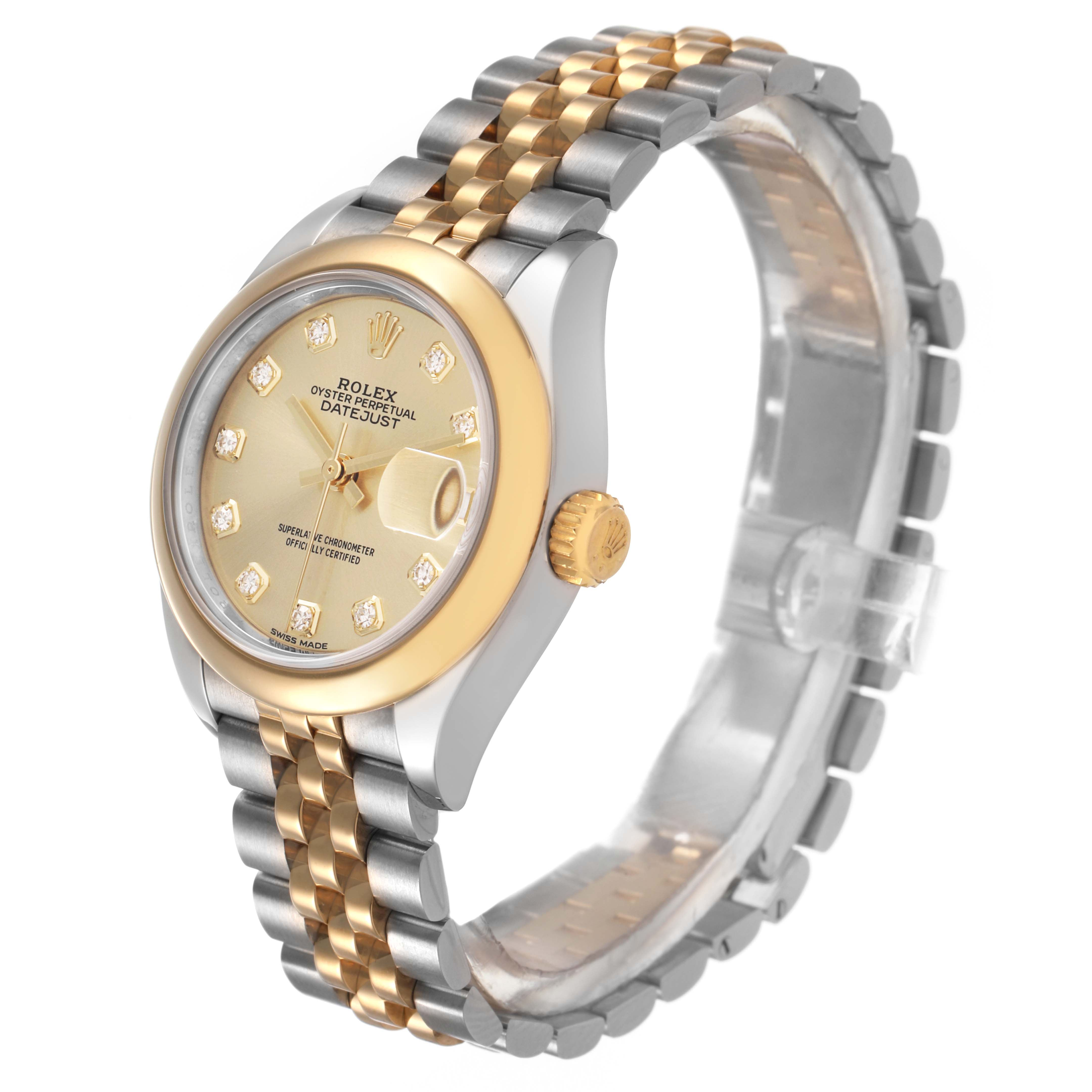 The Rolex Datejust 279163 Women's Steel and Gold (two tone) Champagne Dial watch is shown at a slight angle displaying the face, bezel, crown, and part of the bracelet.