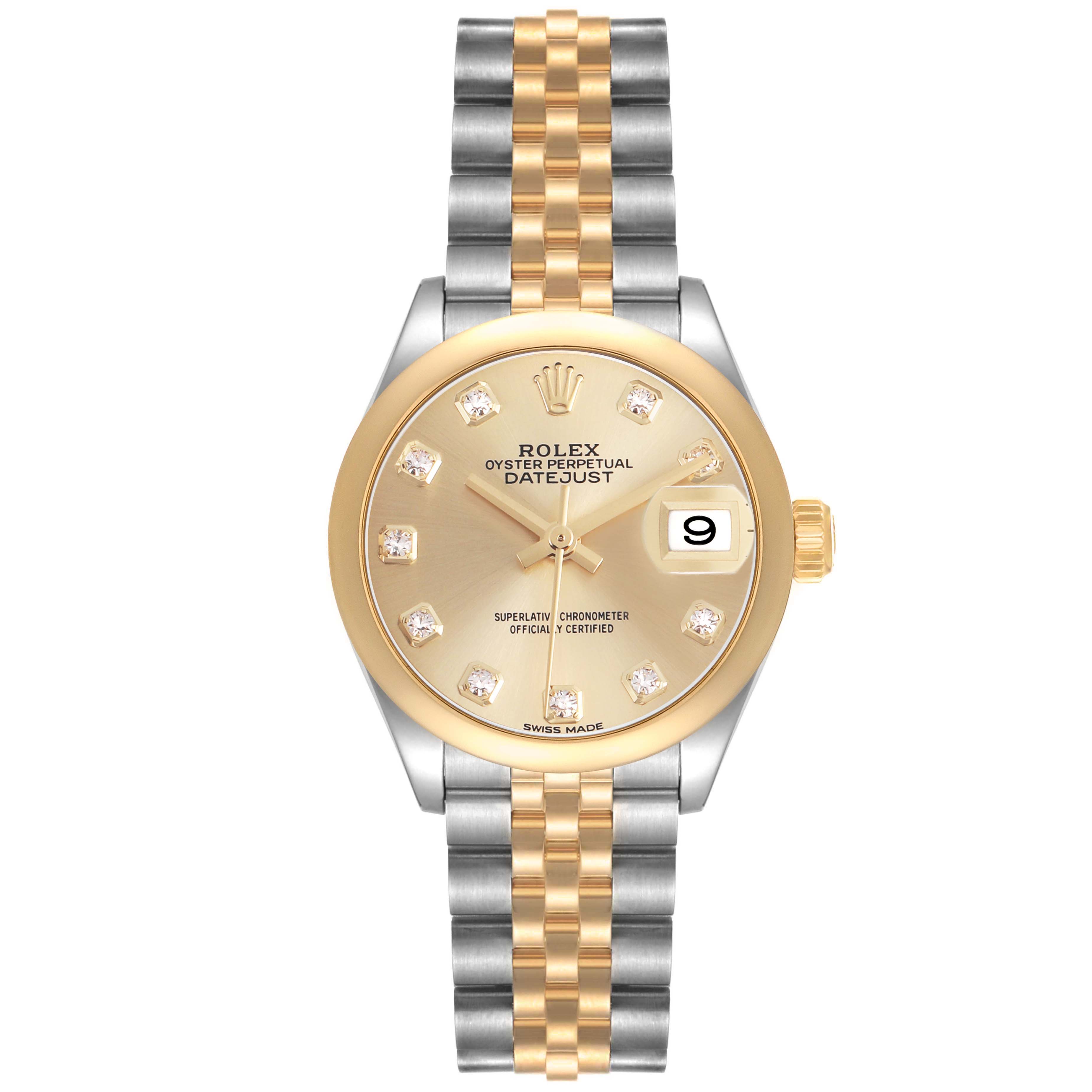 The Rolex Datejust 279163 Women's Steel and Gold (two tone) Champagne Dial watch is shown from the front, highlighting its gold bezel, champagne dial, and two-tone bracelet.