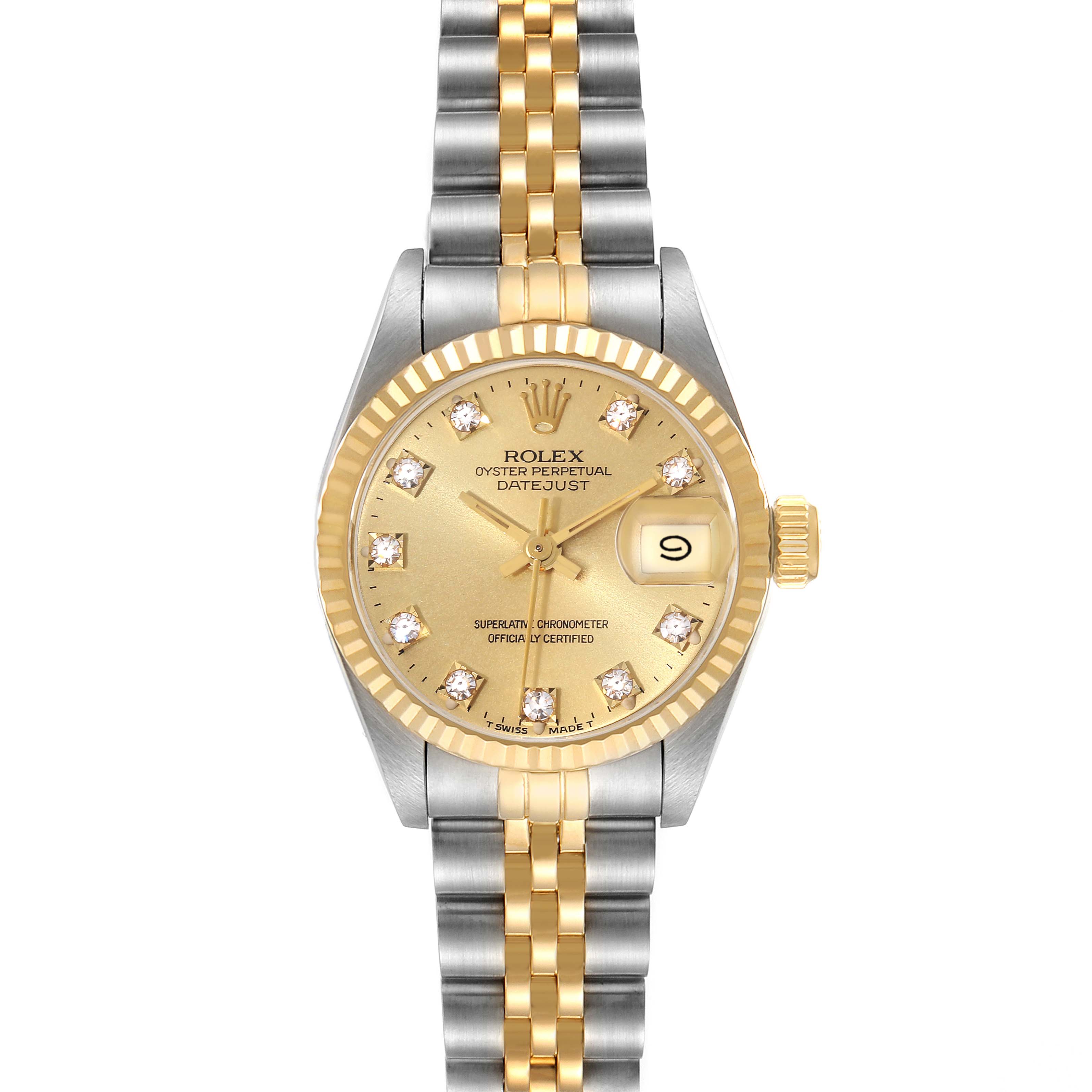 This image shows a front view of a Rolex Datejust 69173 Women's Steel and Gold (two tone) Champagne Dial 69173 Women's Steel and Gold (two tone) Champagne Dial watch, featuring its gold and steel bracelet, gold dial, and diamond hour markers.