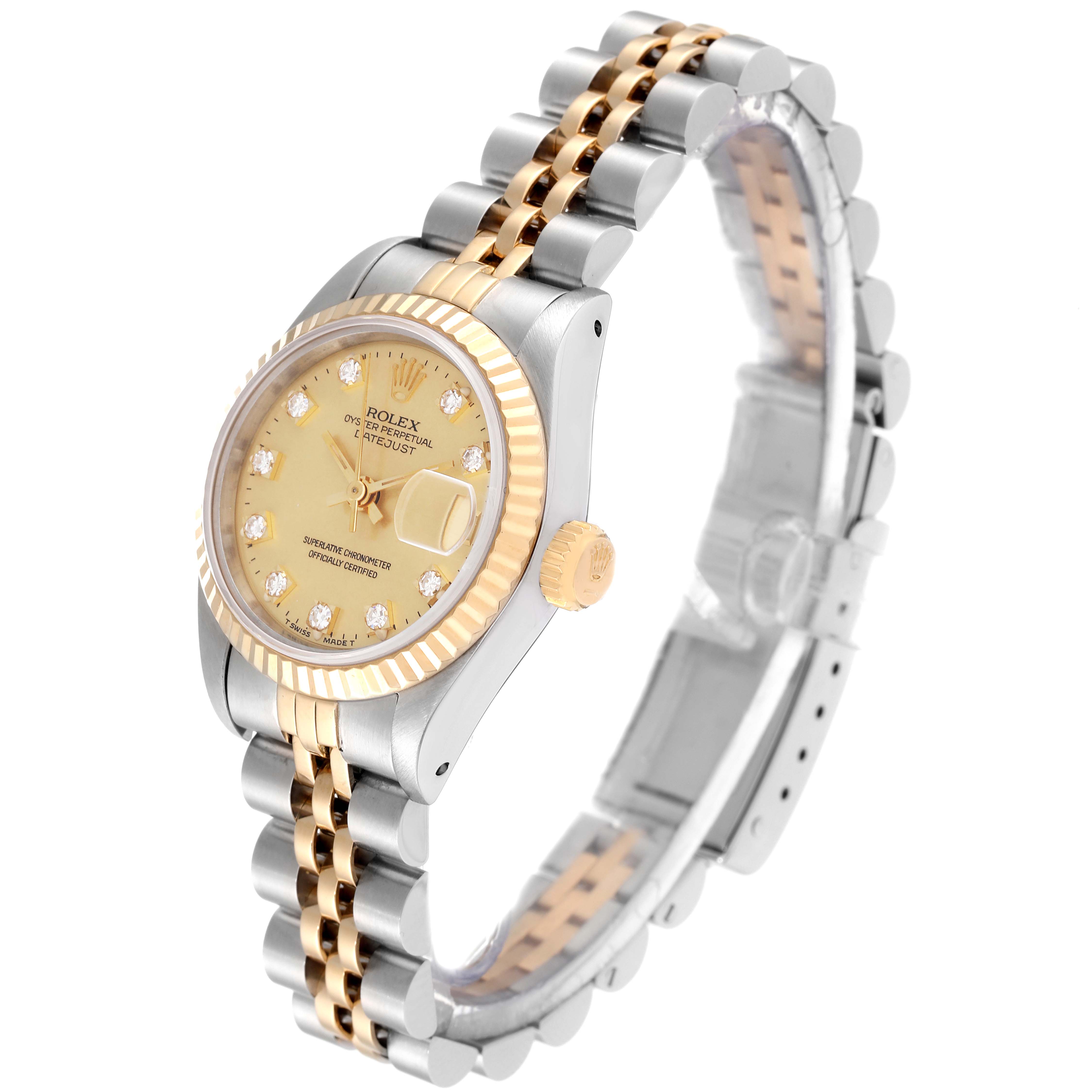 This image shows a side angle of the Rolex Datejust 69173 Women's Steel and Gold (two tone) Champagne Dial 69173 Women's Steel and Gold (two tone) Champagne Dial watch, highlighting its bezel, crown, and two-tone Jubilee bracelet.