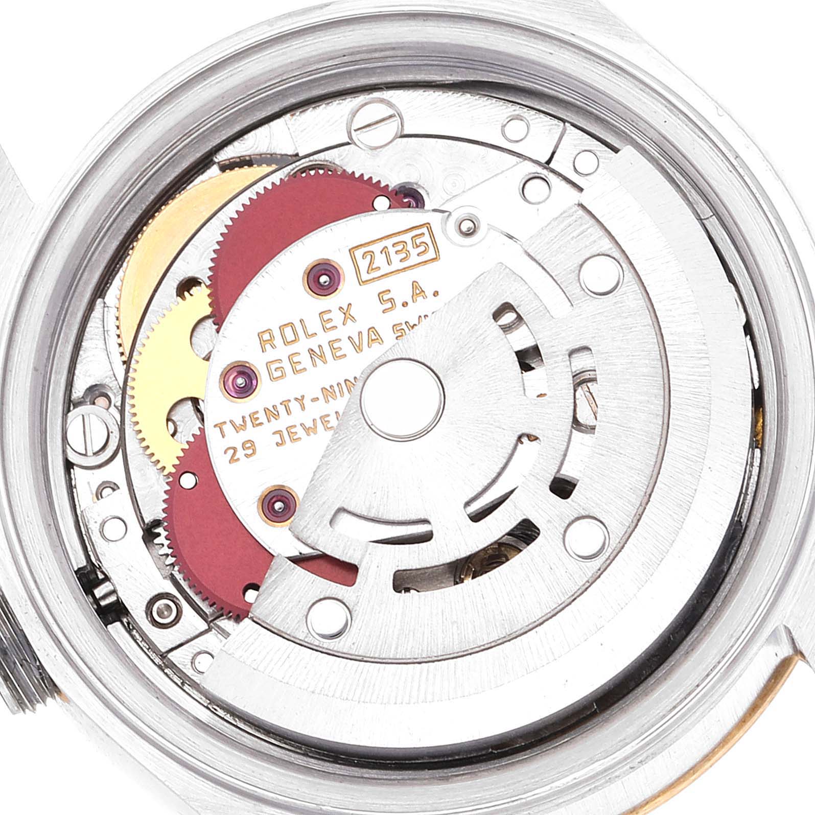 The image shows the internal mechanical movement of the Rolex Datejust 69173 Women's Steel and Gold (two tone) Champagne Dial 69173 Women's Steel and Gold (two tone) Champagne Dial watch from a top-down angle, highlighting its intricate gears and components.