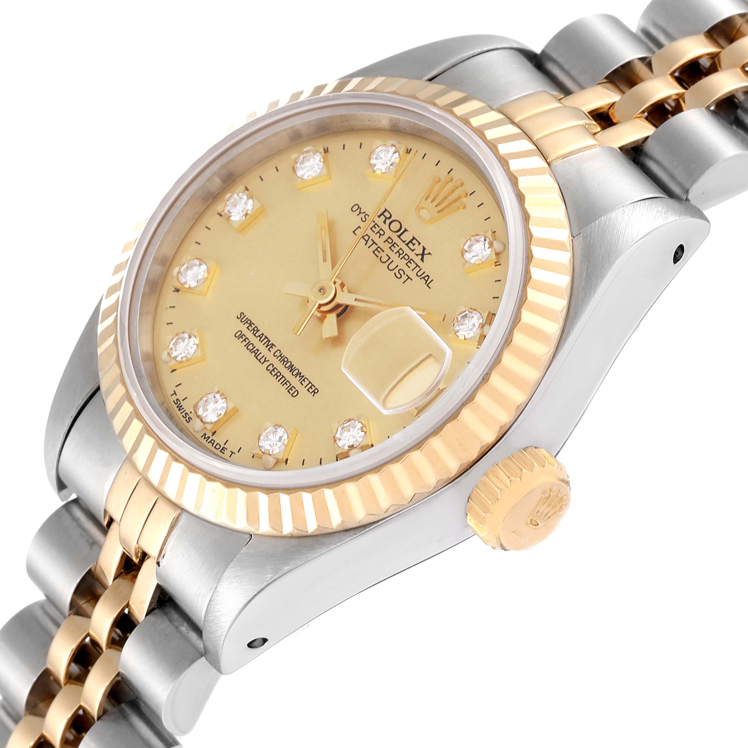 This photo shows the face, bezel, crown, and part of the bracelet of the Rolex Datejust 69173 Women's Steel and Gold (two tone) Champagne Dial 69173 Women's Steel and Gold (two tone) Champagne Dial model watch from a side angle.