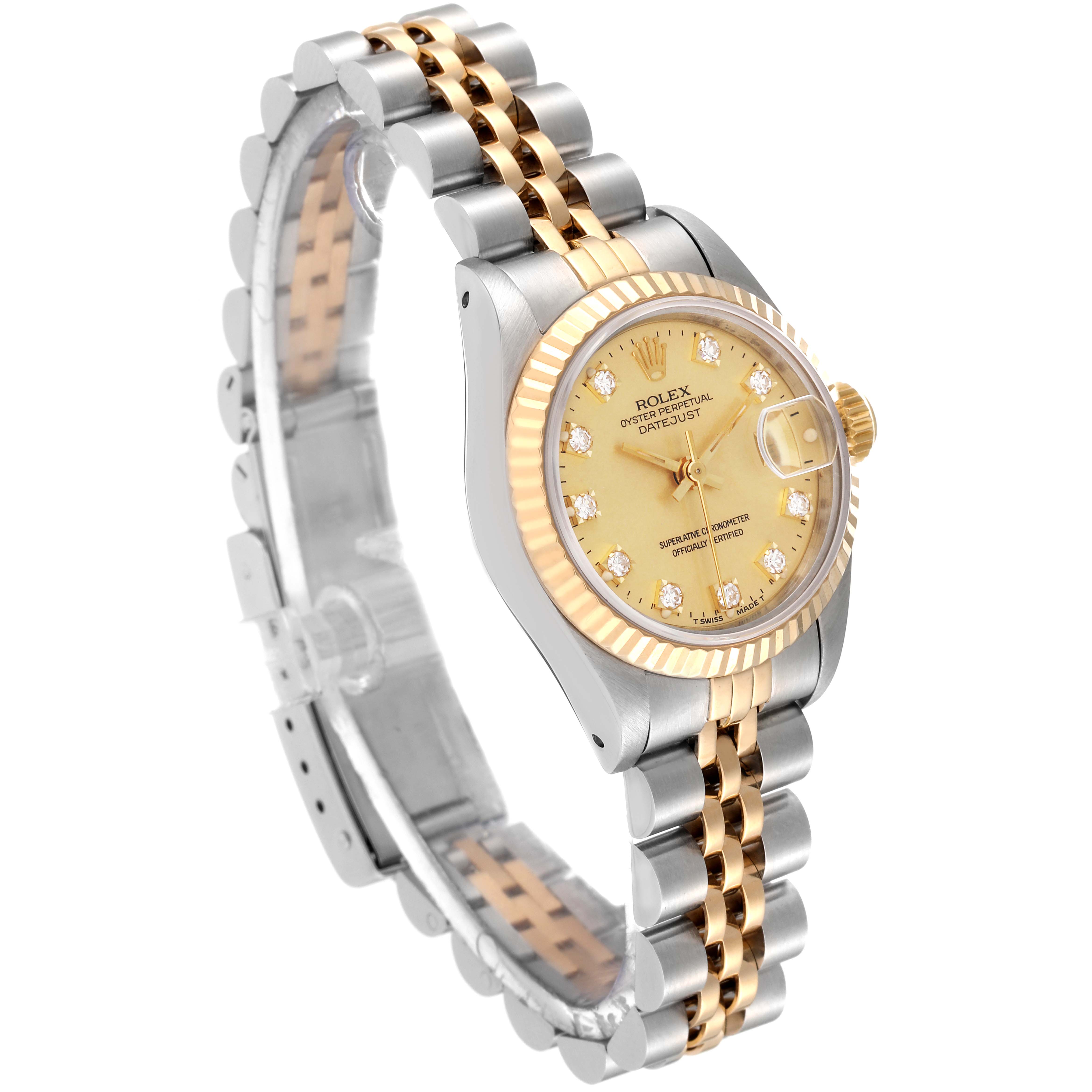The Rolex Datejust 69173 Women's Steel and Gold (two tone) Champagne Dial 69173 Women's Steel and Gold (two tone) Champagne Dial watch is shown from a three-quarter angle, displaying its champagne dial, fluted bezel, and two-tone jubilee bracelet.