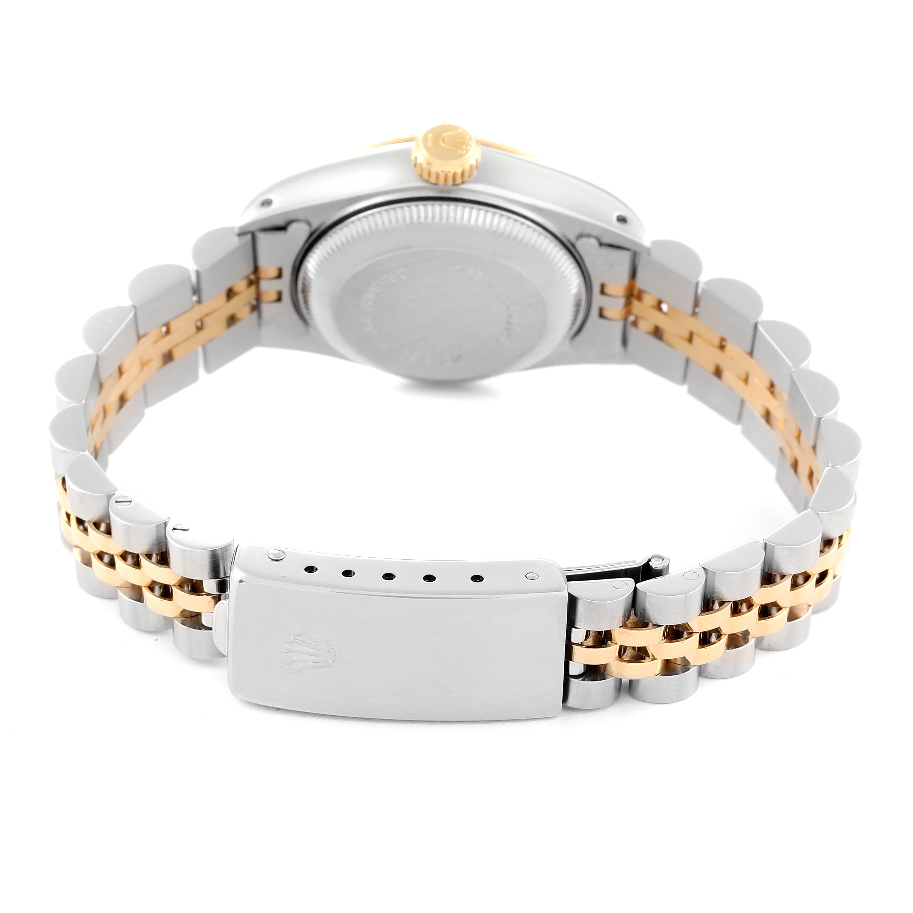 The image shows the back view of a Rolex Datejust 69173 Women's Steel and Gold (two tone) Champagne Dial 69173 Women's Steel and Gold (two tone) Champagne Dial watch, focusing on the clasp and the two-tone bracelet.