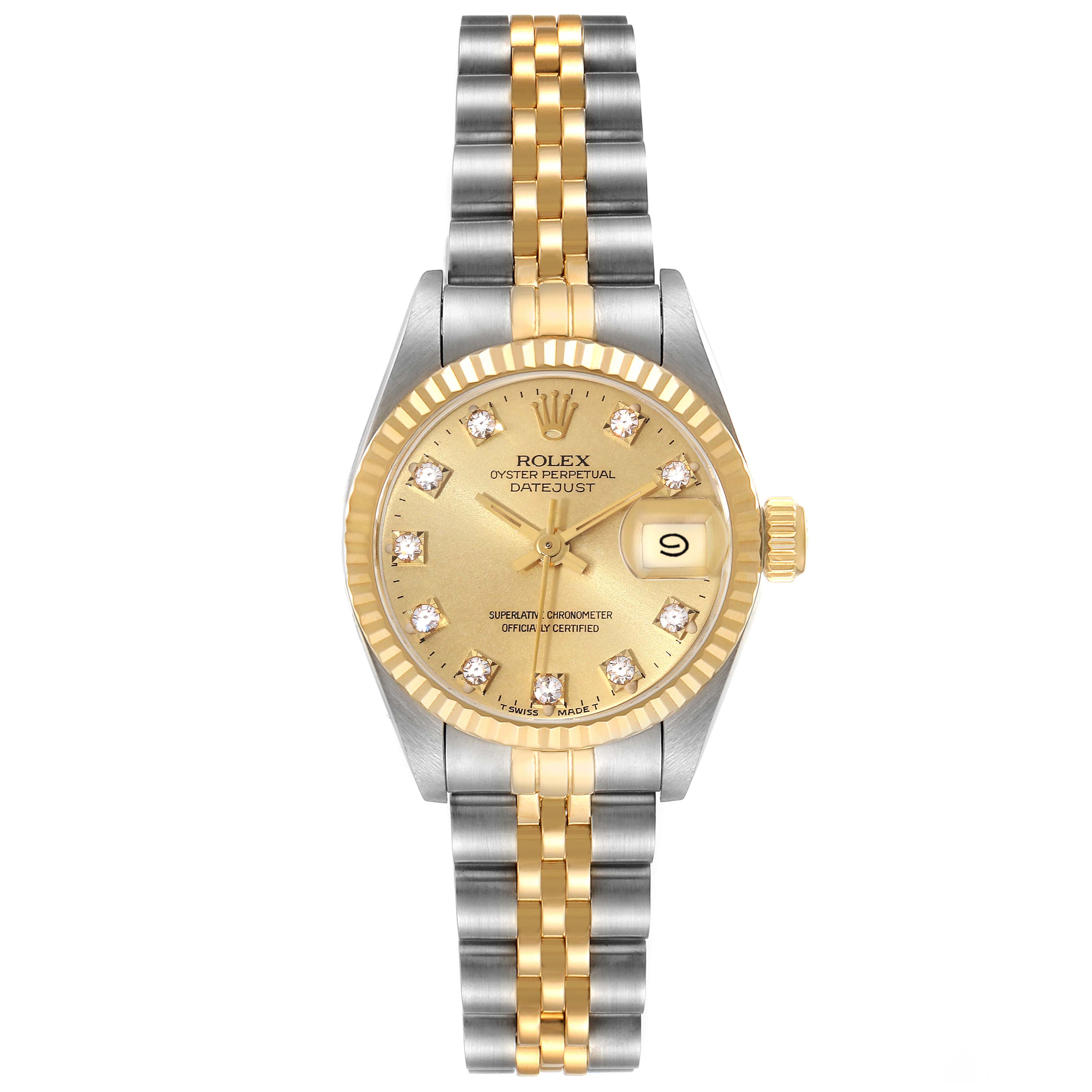 This image shows a front view of a Rolex Datejust 69173 Women's Steel and Gold (two tone) Champagne Dial 69173 Women's Steel and Gold (two tone) Champagne Dial watch, highlighting the dial, bracelet, bezel, and date window.