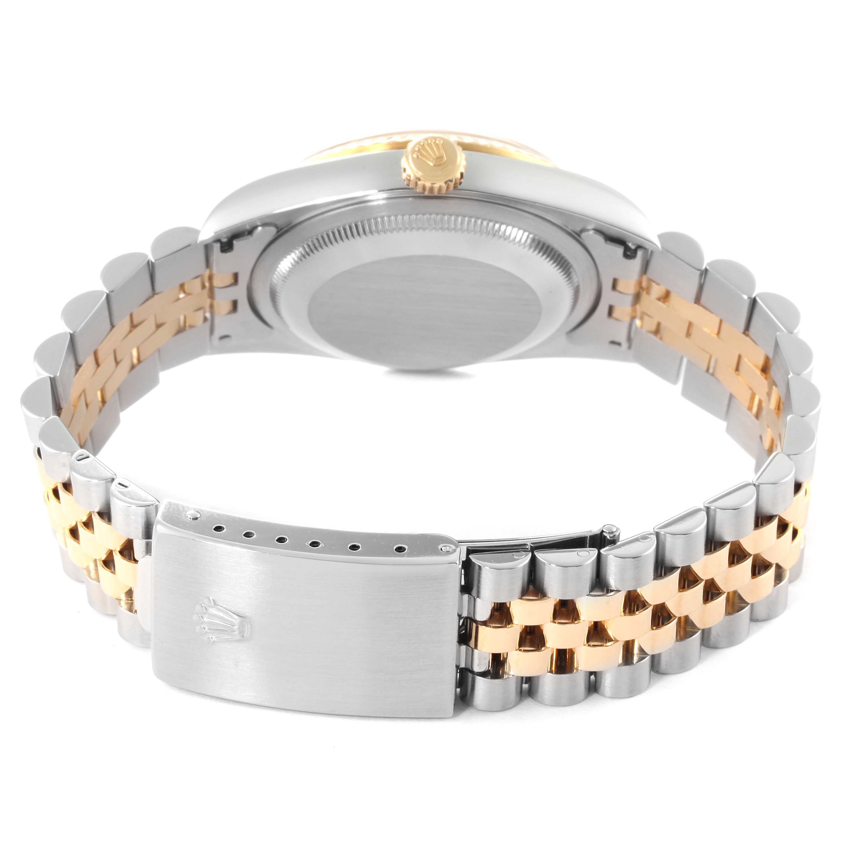 This image shows the back view of a Rolex Datejust 16233 Men's Steel and Gold (two tone) Champagne Dial 16233 Men's Steel and Gold (two tone) Champagne Dial watch, focusing on its bracelet and clasp.