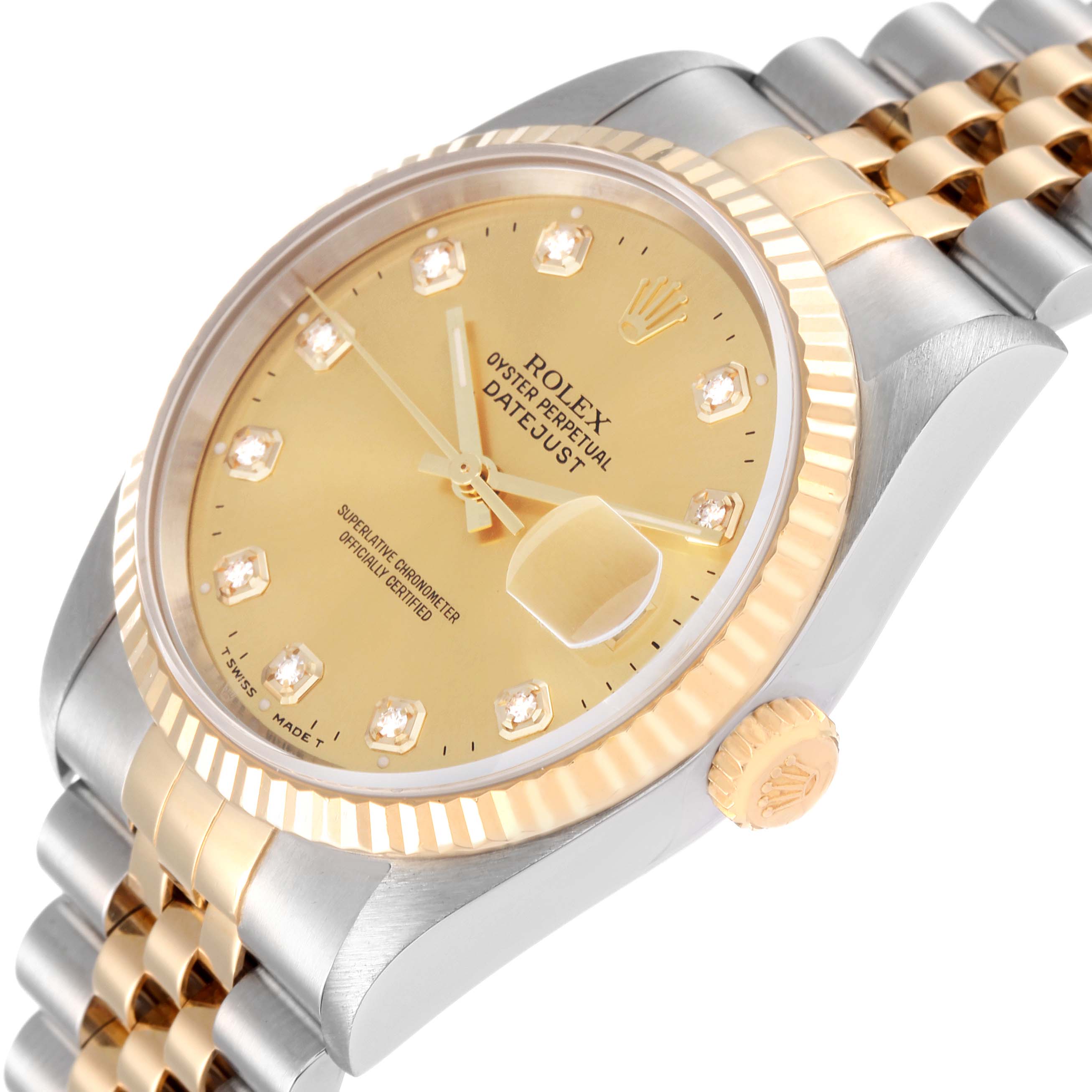This image shows the dial, fluted bezel, crown, and two-tone jubilee bracelet of a Rolex Datejust 16233 Men's Steel and Gold (two tone) Champagne Dial 16233 Men's Steel and Gold (two tone) Champagne Dial watch at an angled view.